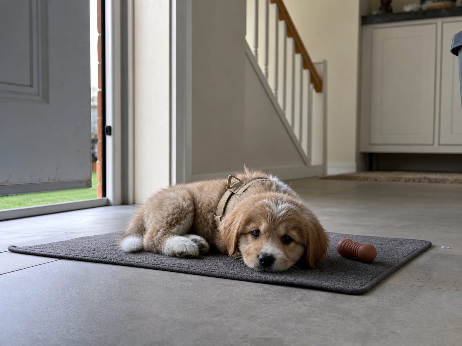 Illustration of a professional dog trainer conducting a personalized puppy training session in the living room of a Baltimore home, emphasizing a focused and caring training environment.