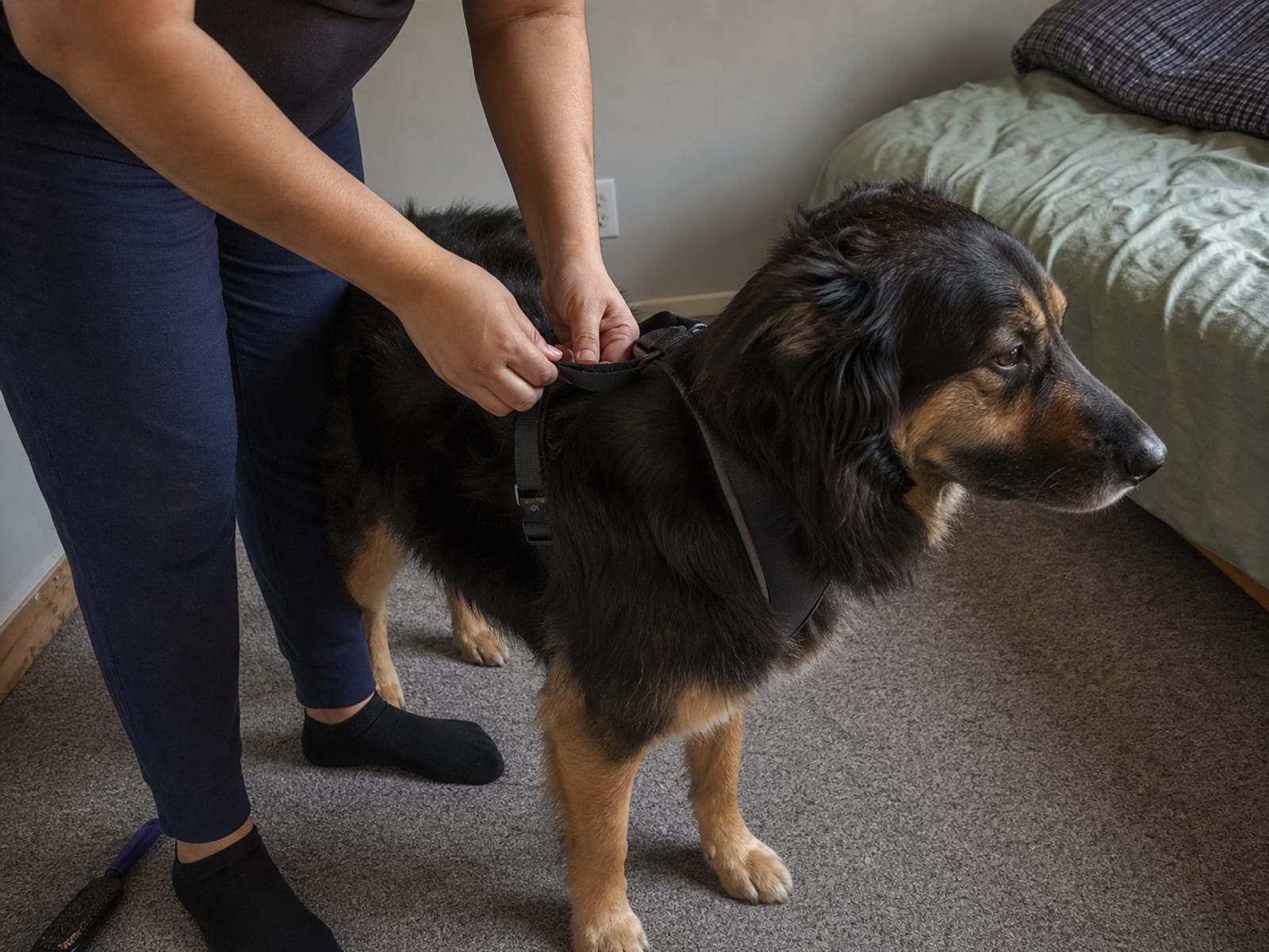 Relaxed dog resting quietly indoors while owner reads in Baltimore home