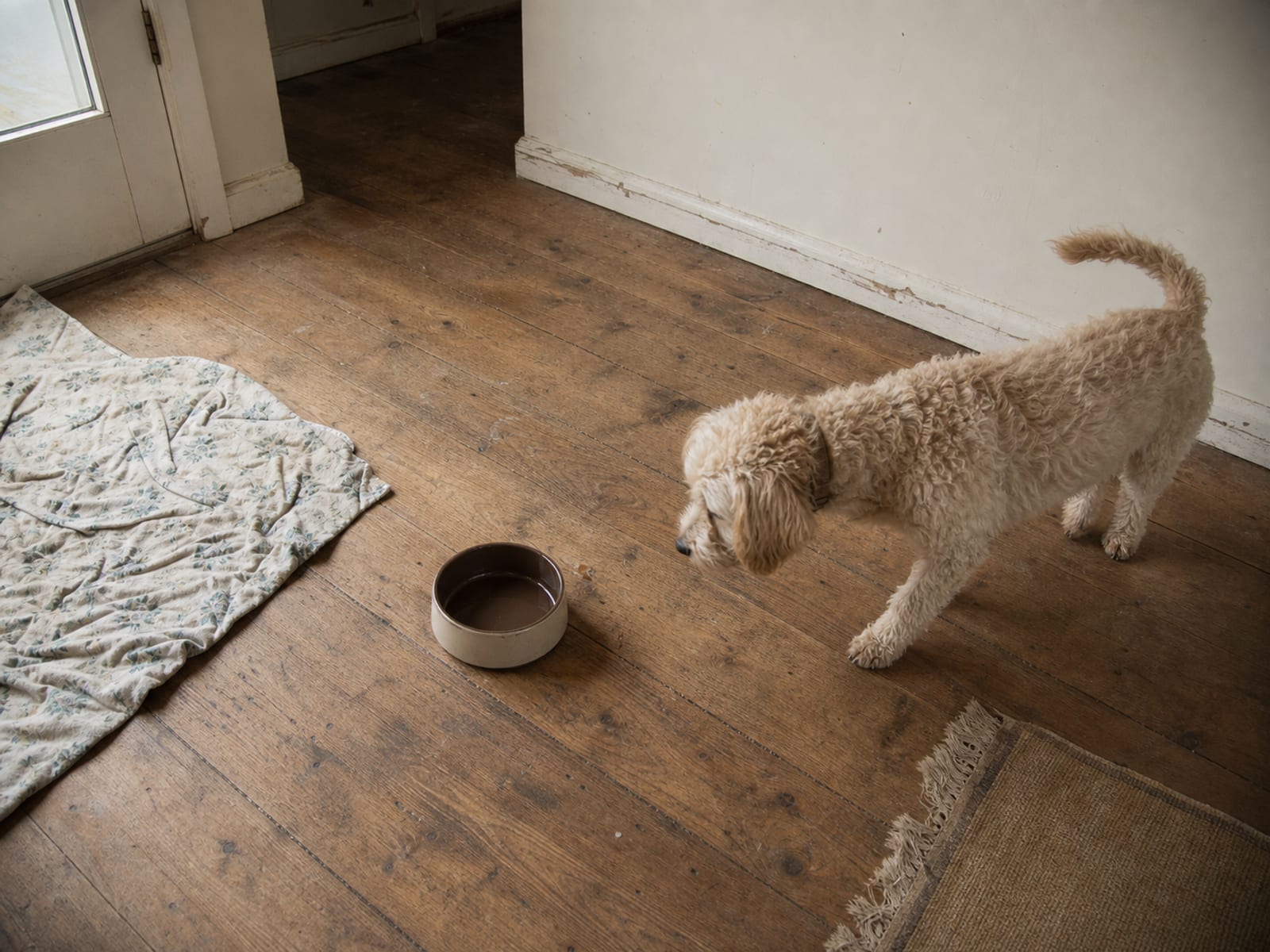 Protective dog aggression signs shown as a German Shepherd blocks owner from guest in a living room