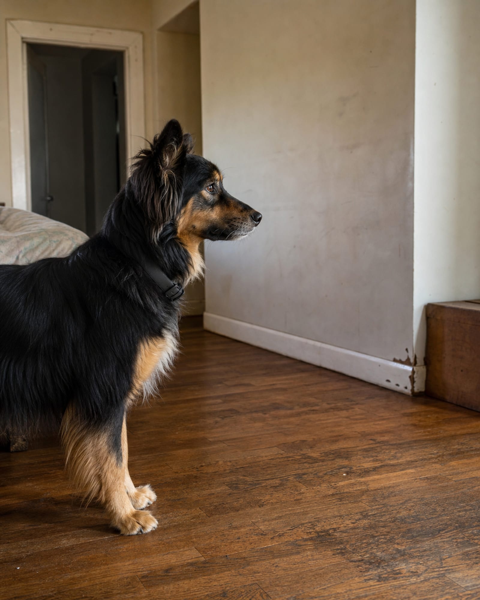 A dog standing square and settled in a plain interior, full body
