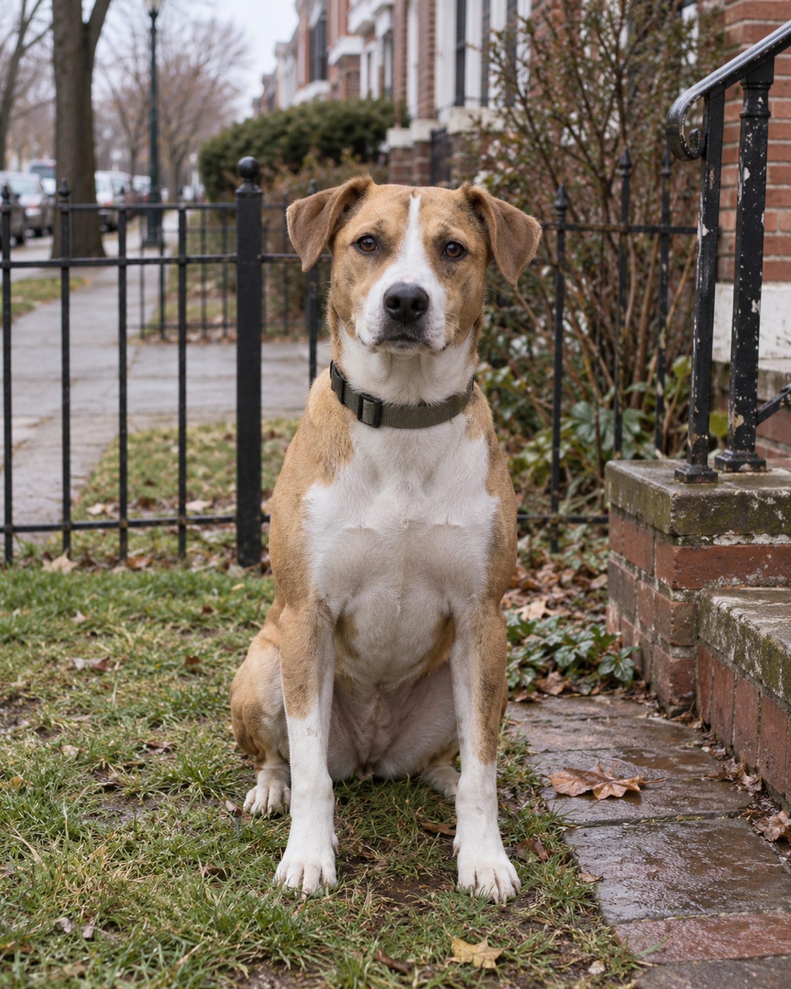 A dog sitting upright and attentive, shoulders square to camera