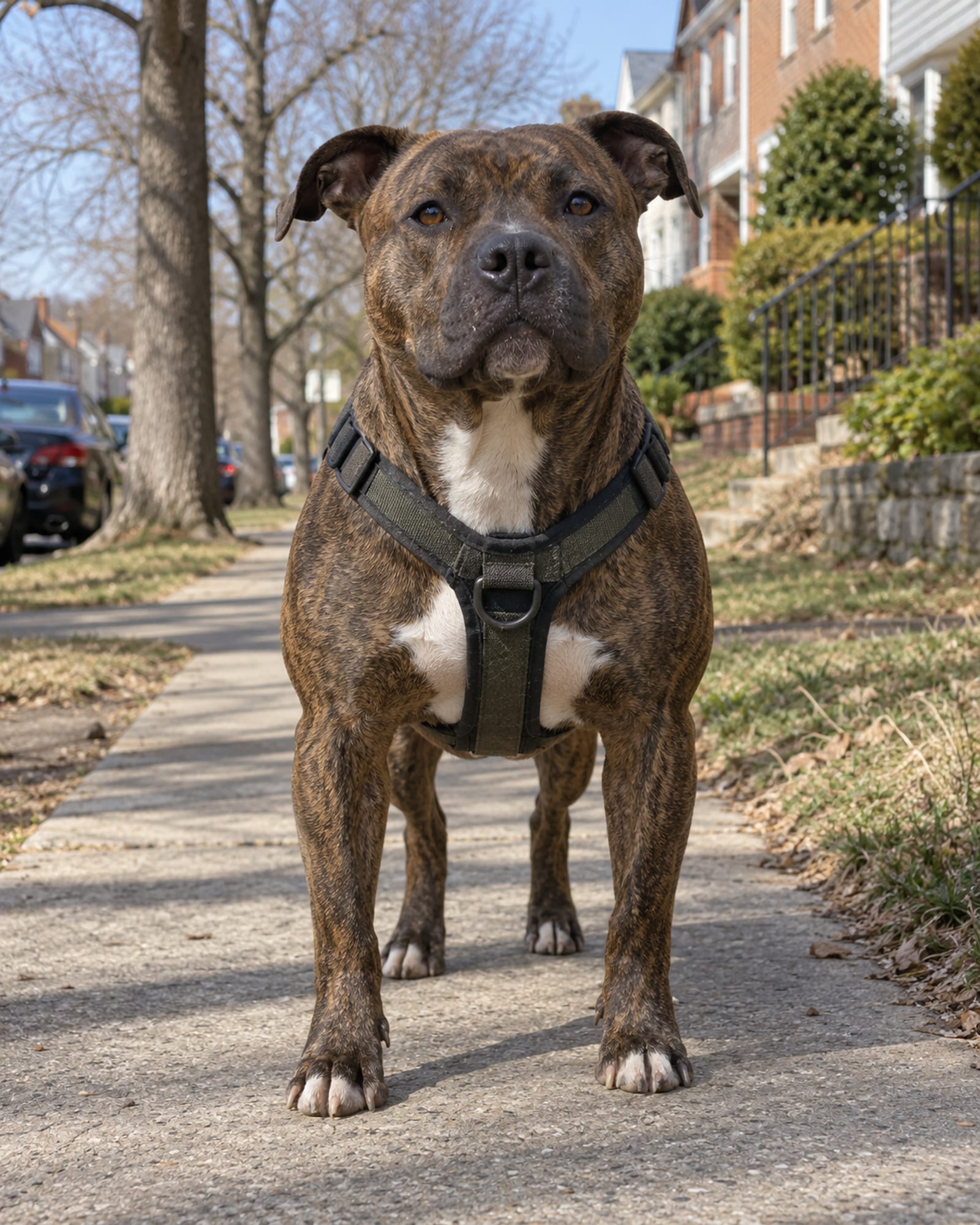 A dog standing square and settled, seen full body from the front, head up