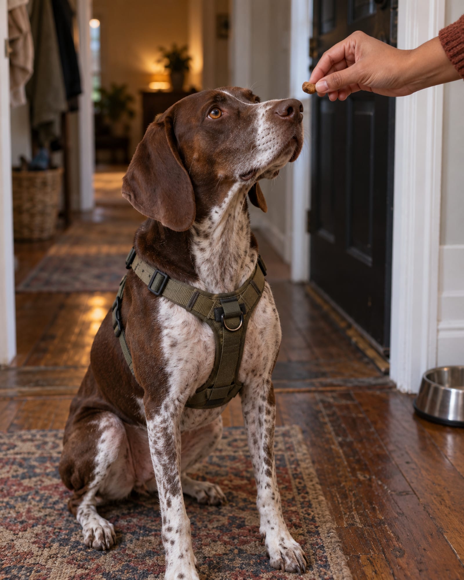 A dog holding a sit while a hand offers a treat at nose height, cropped at the wrist