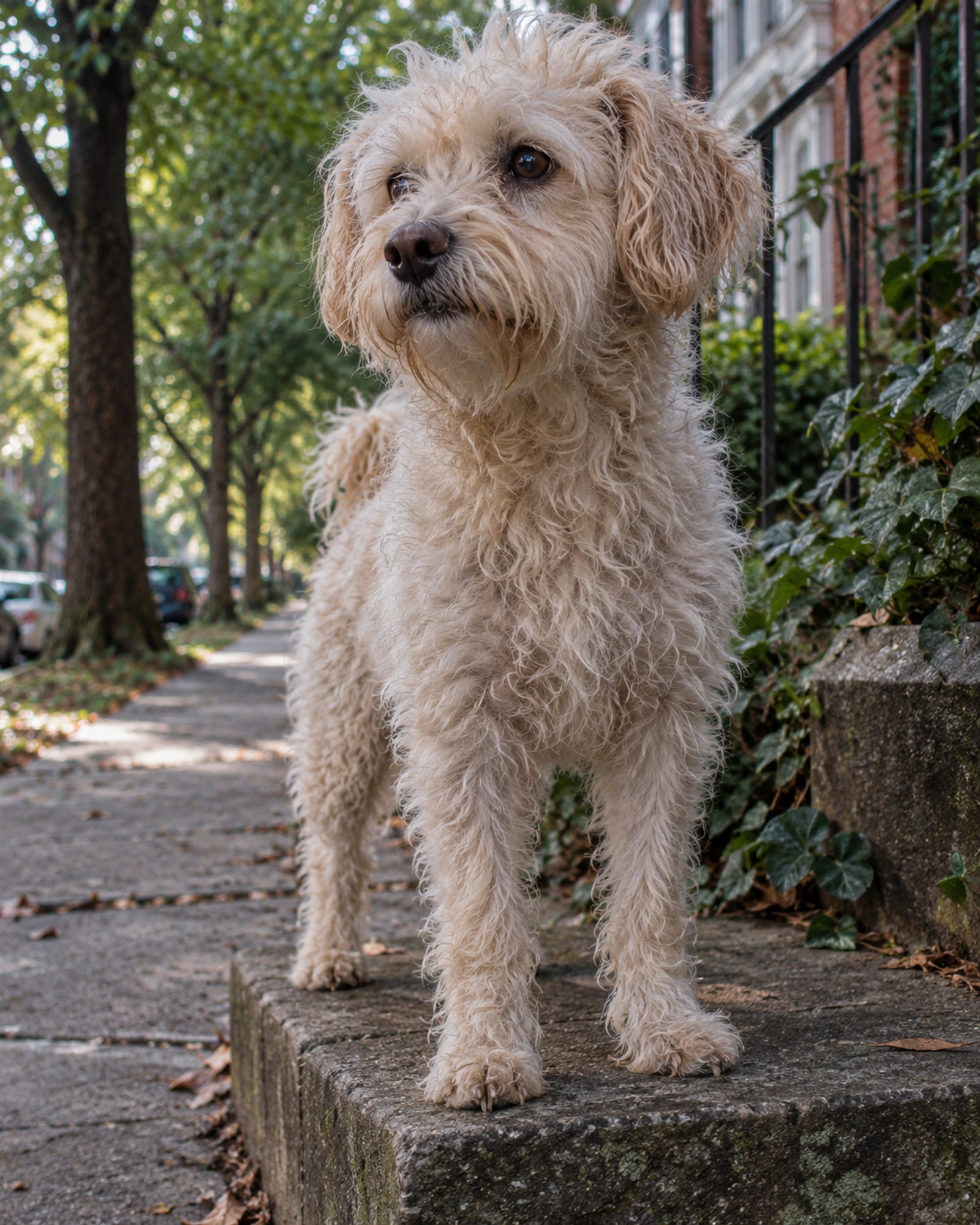 A dog standing on a low step so it fills the height of the frame