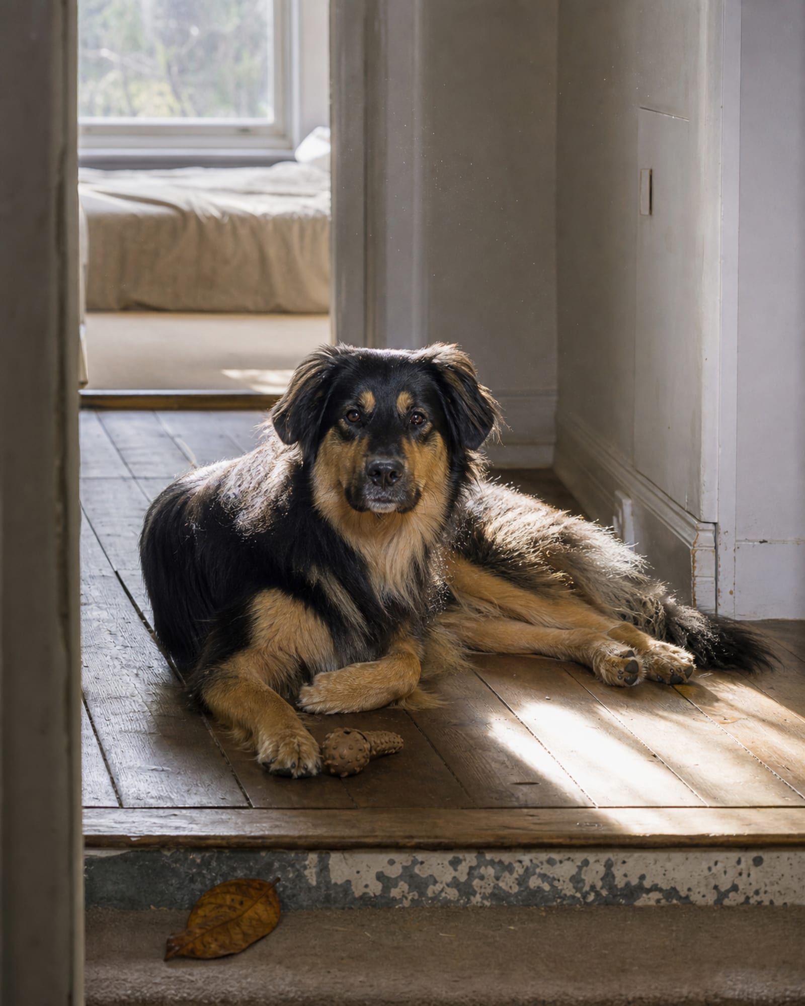 A dog lying in a patch of sun on floorboards, dust in the light