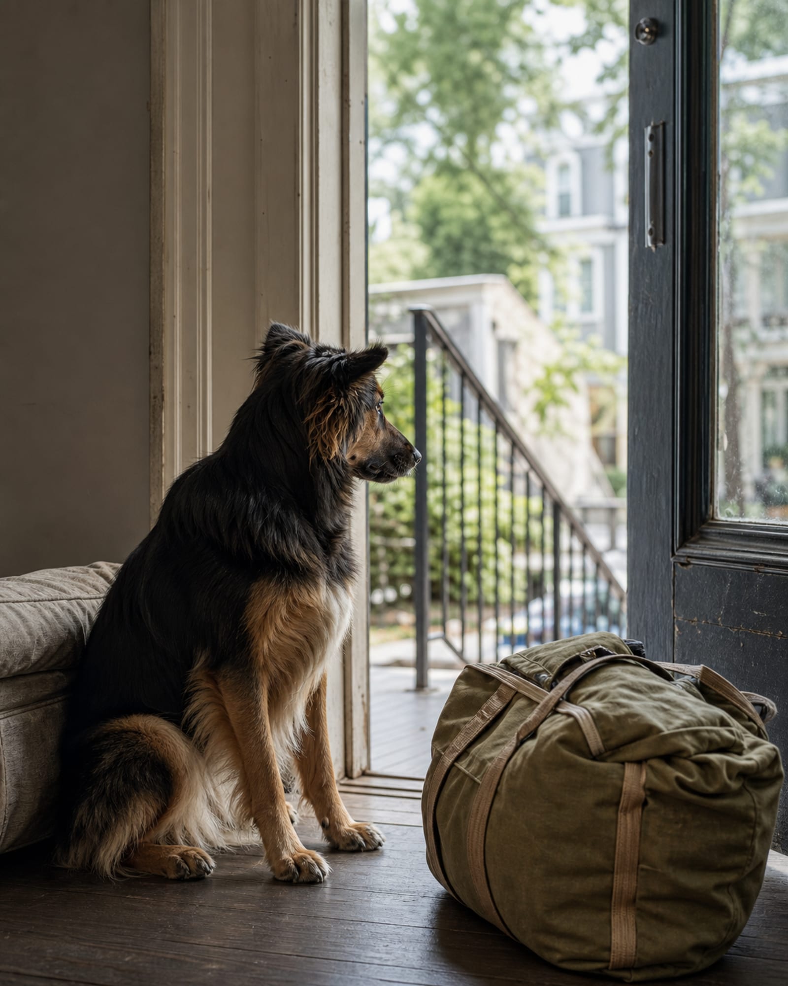 A dog sitting beside a packed kit bag by a front door