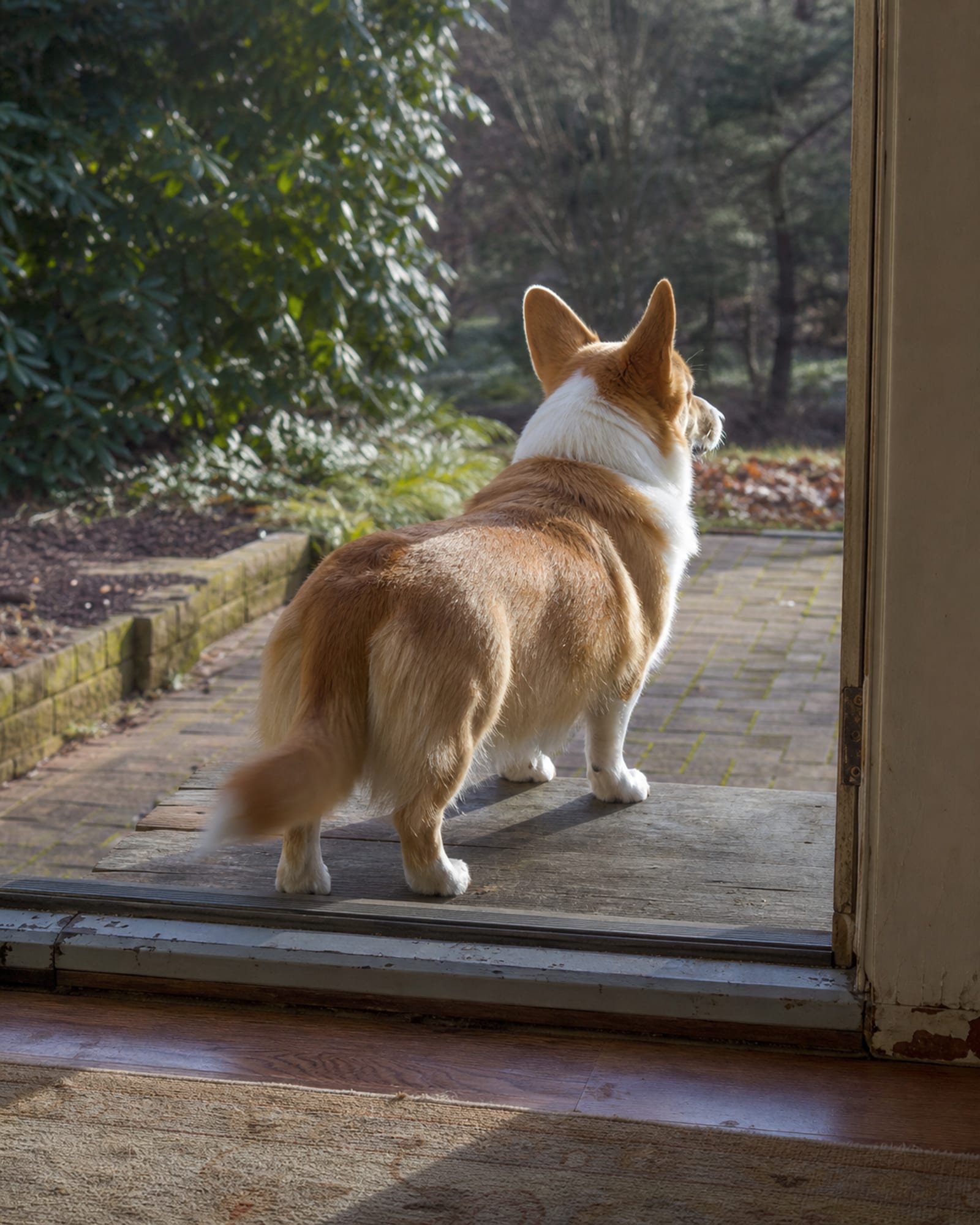 A dog standing on a back step looking into the yard