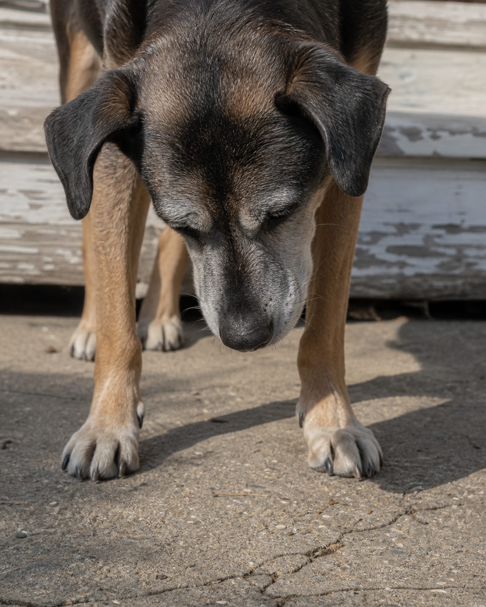 A close vertical of a dog's front paws and lowered head on a floor