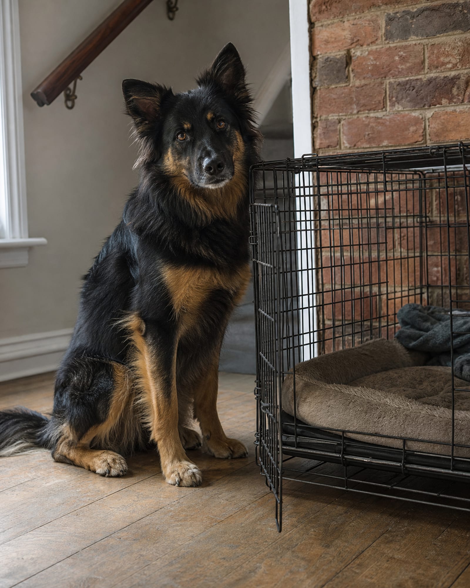 A dog sitting upright beside an open crate door