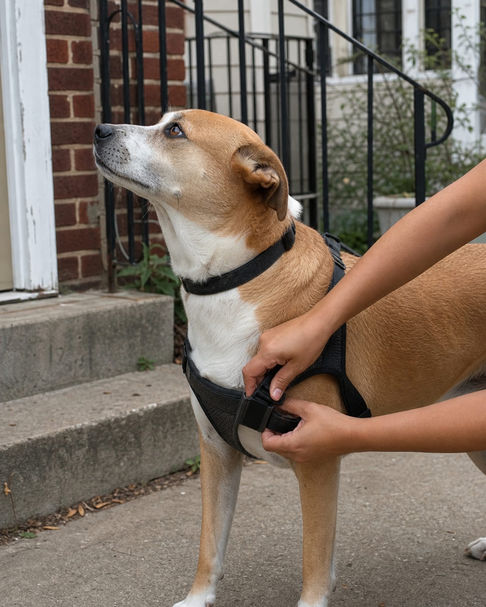 A hand fastening a harness on a calm standing dog, forearms only