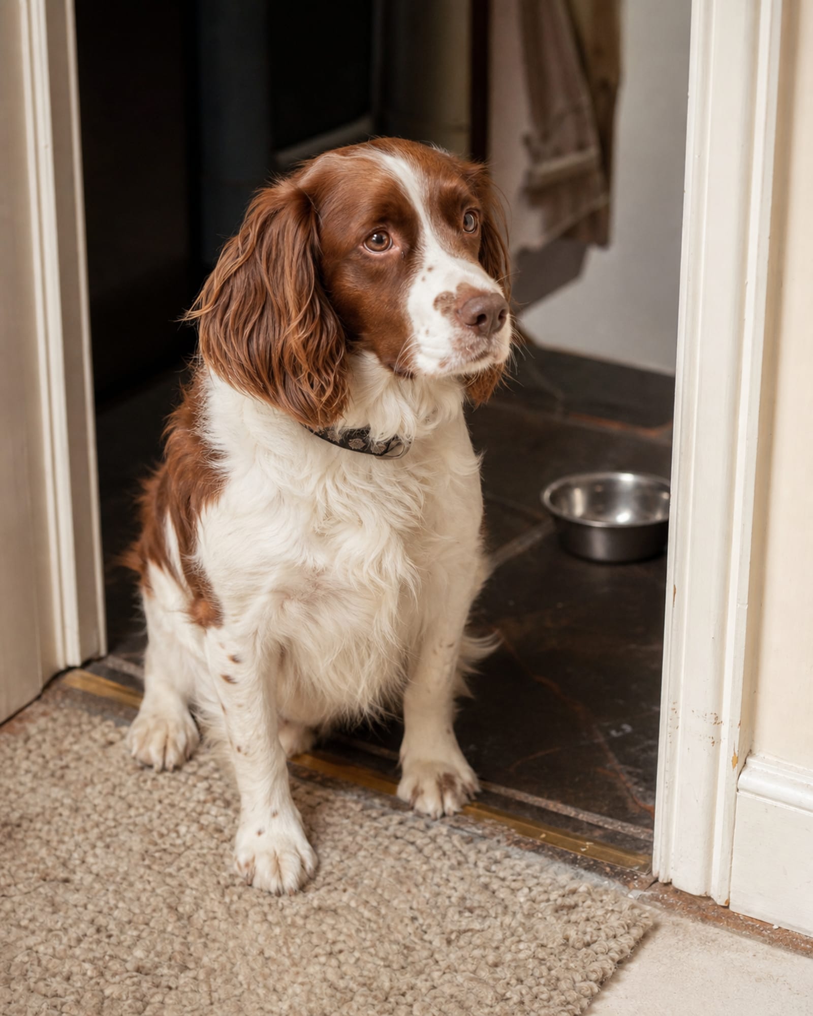 A dog sitting at a threshold waiting to be released