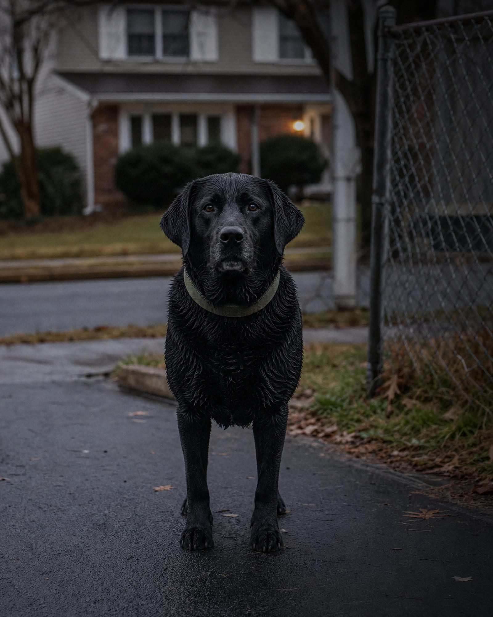A dog standing square and settled, seen full body from the front, head up