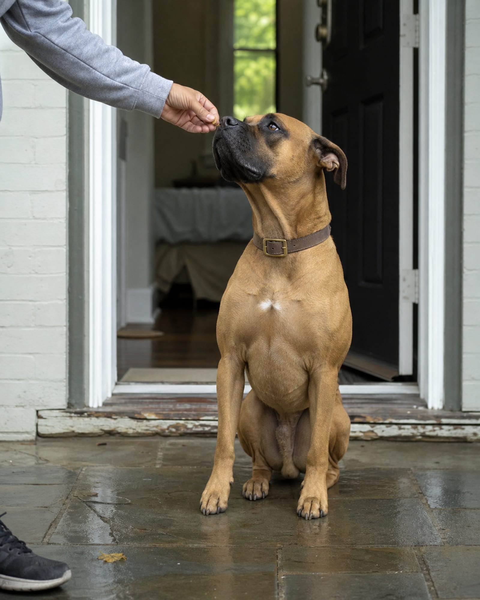 A dog holding a sit while a hand offers a treat at nose height, cropped at the wrist