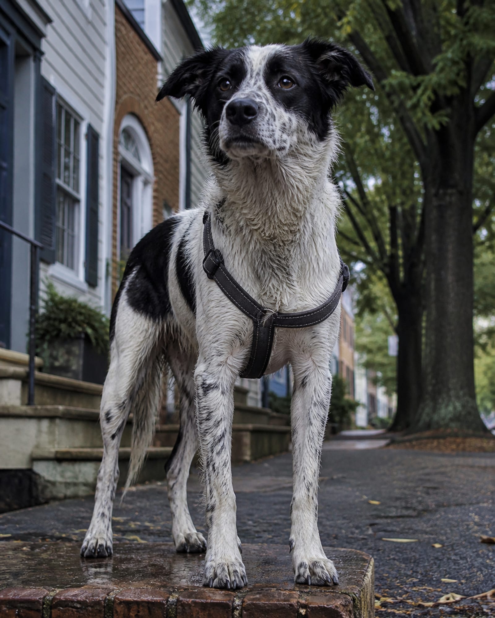 A dog standing on a low step so it fills the height of the frame, in Annapolis, MD