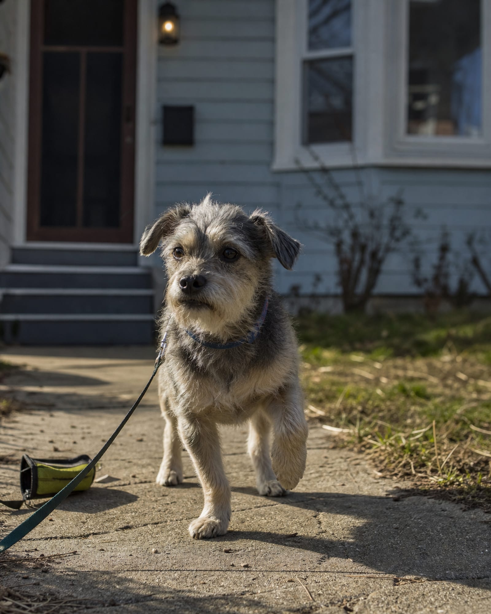 A dog pausing mid stride on a pavement, one paw lifted