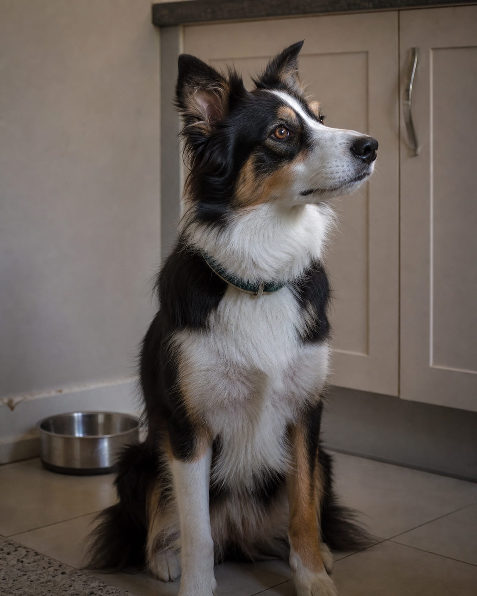 A dog sitting square on a kitchen floor, worktop rising behind it