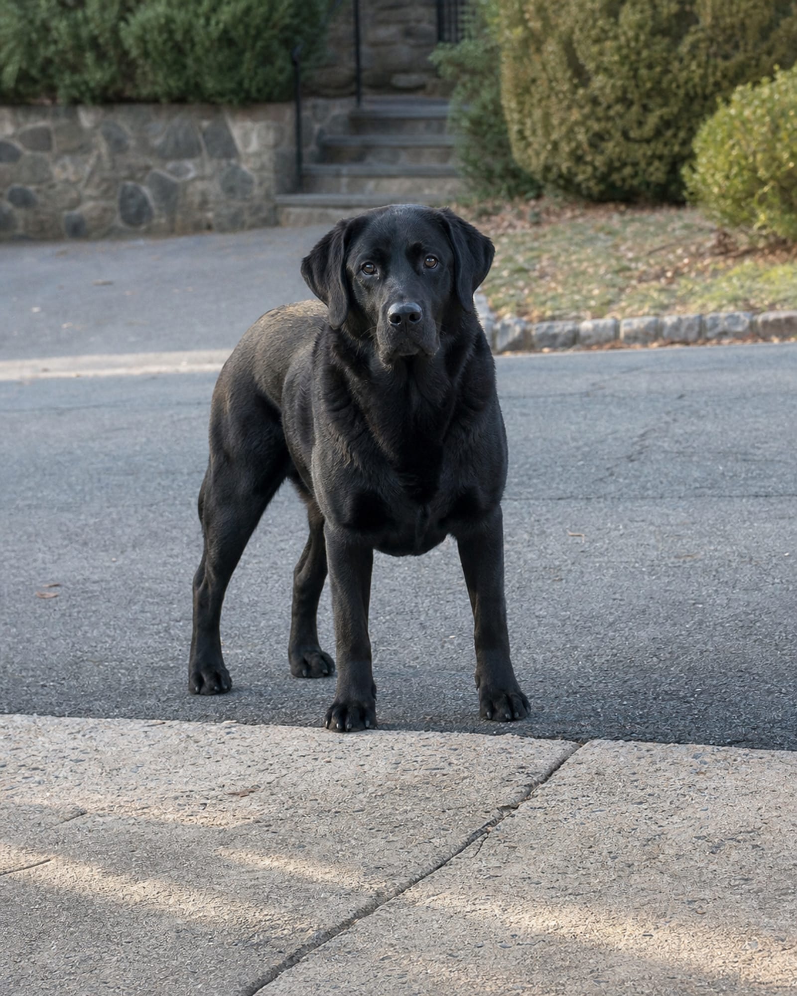 A dog standing alert with its weight even, tail neutral, in Bethesda, MD
