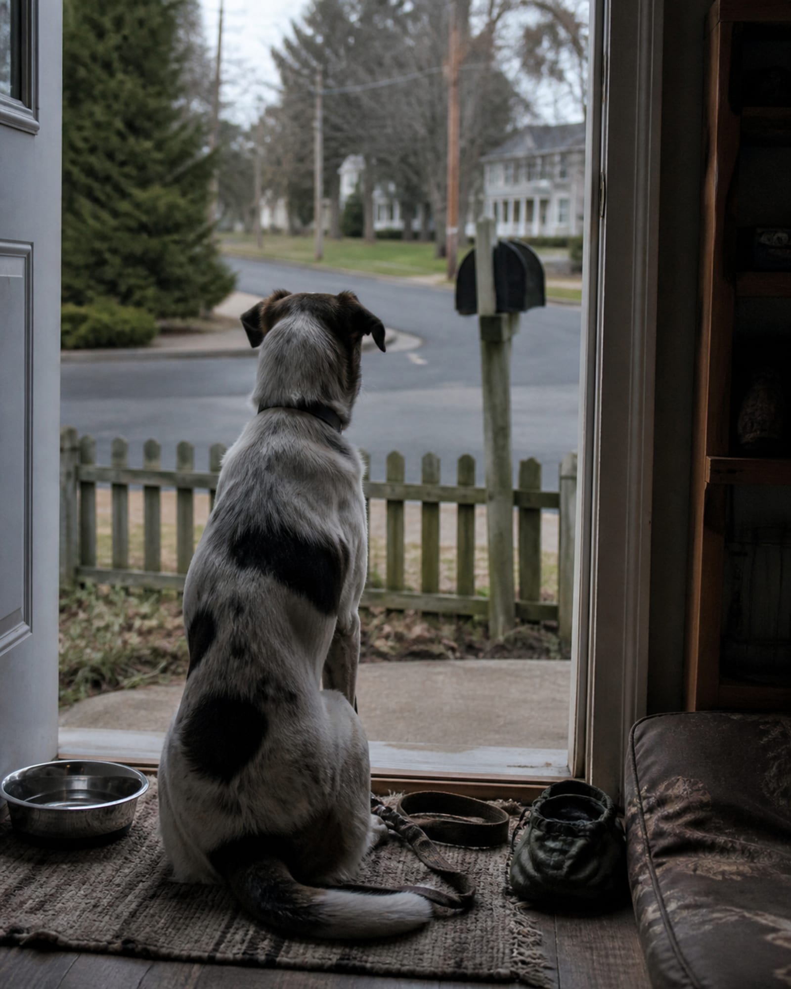 A dog sitting on a stoop watching the street, in Catonsville, MD