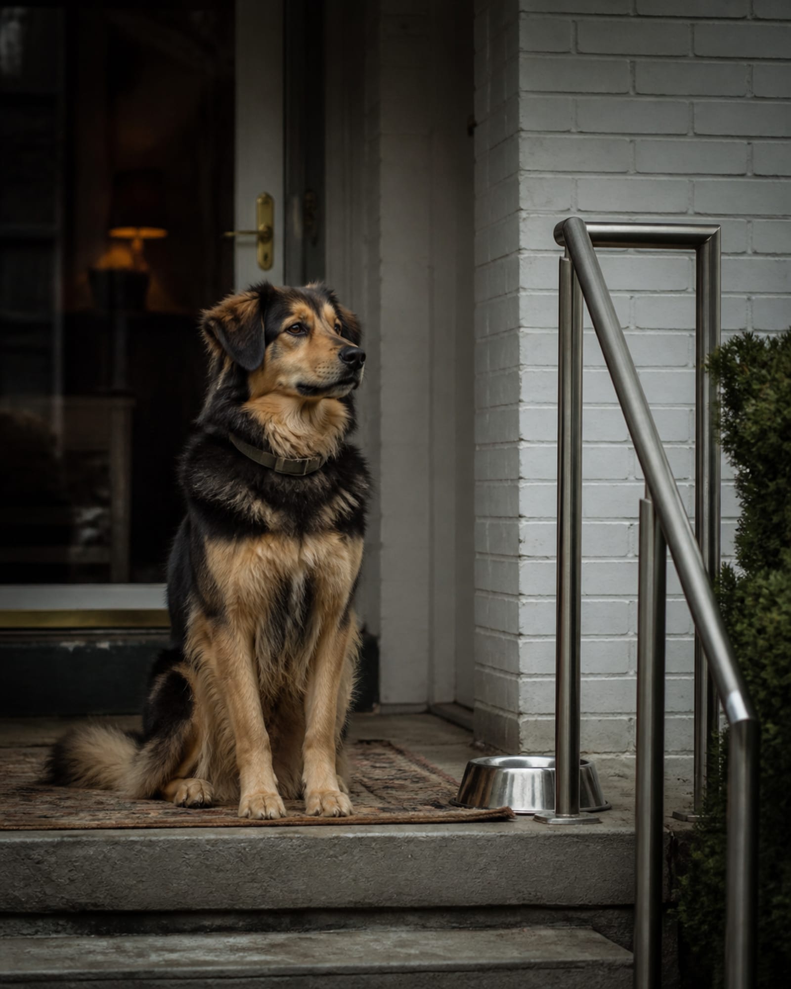 A dog sitting upright and attentive, shoulders square to camera