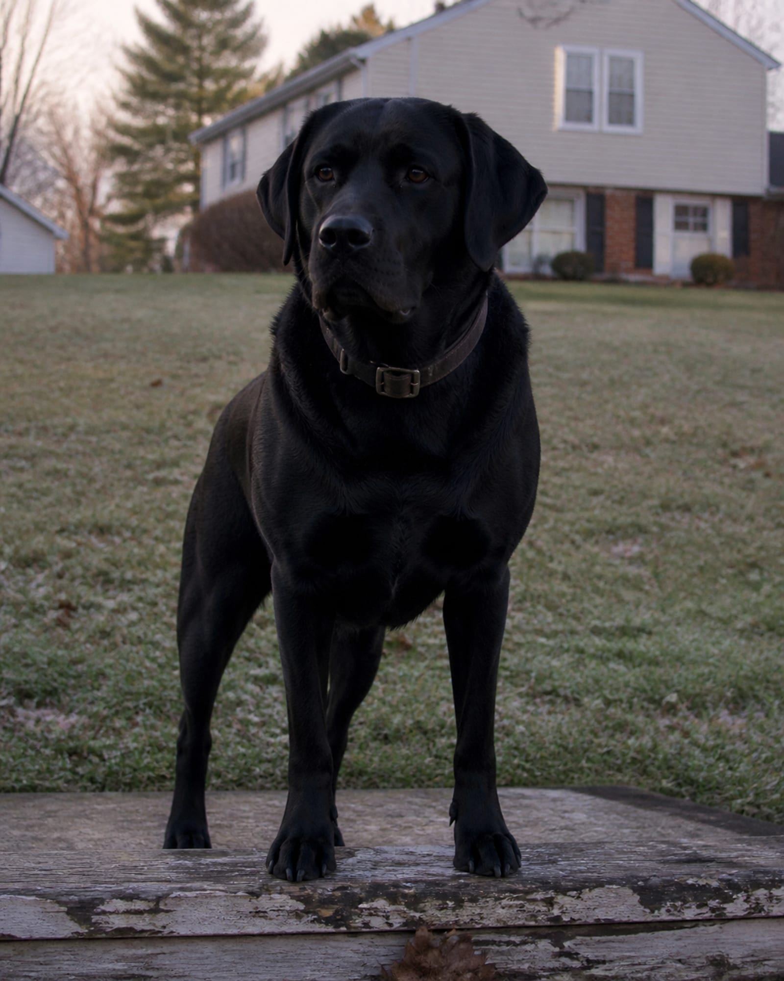A dog standing on a low step so it fills the height of the frame, in Cockeysville, MD