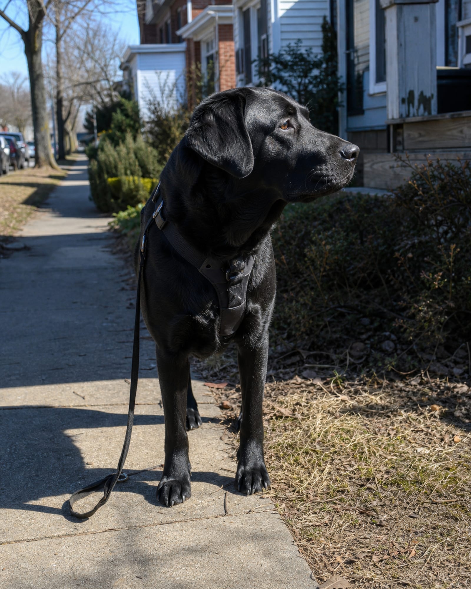 A dog in a stand stay with its lead slack on the ground beside it