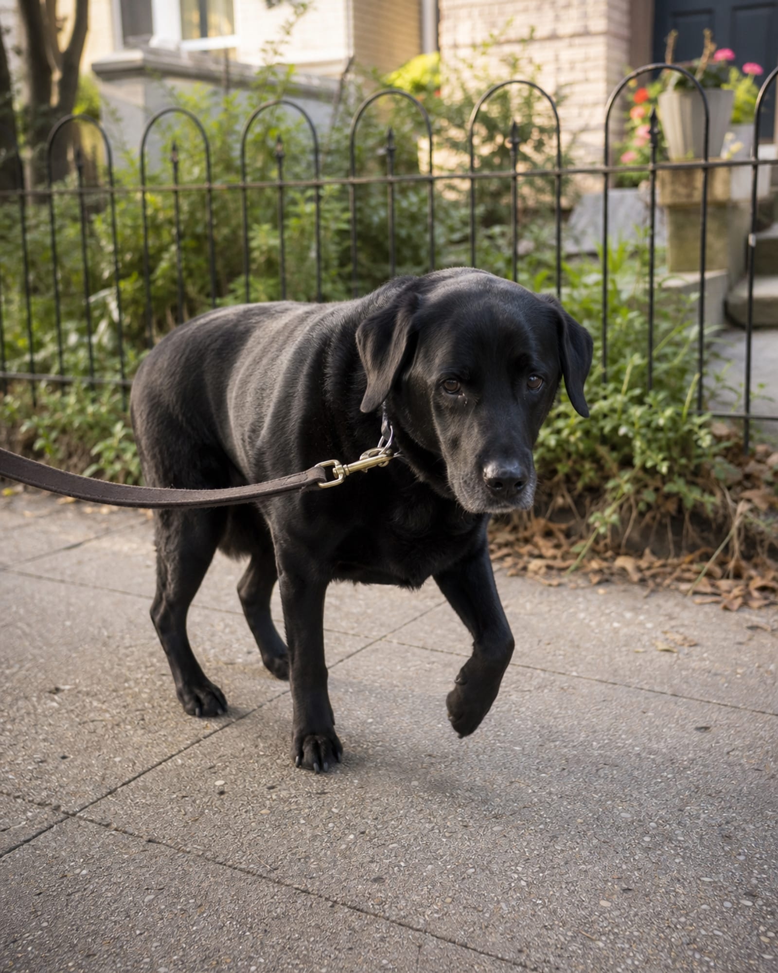 A dog pausing mid stride on a pavement, one paw lifted