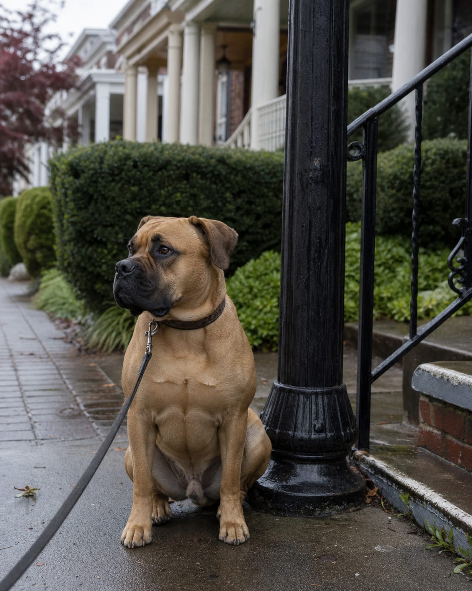 A dog sitting square beside a lamp post, in Columbia, MD