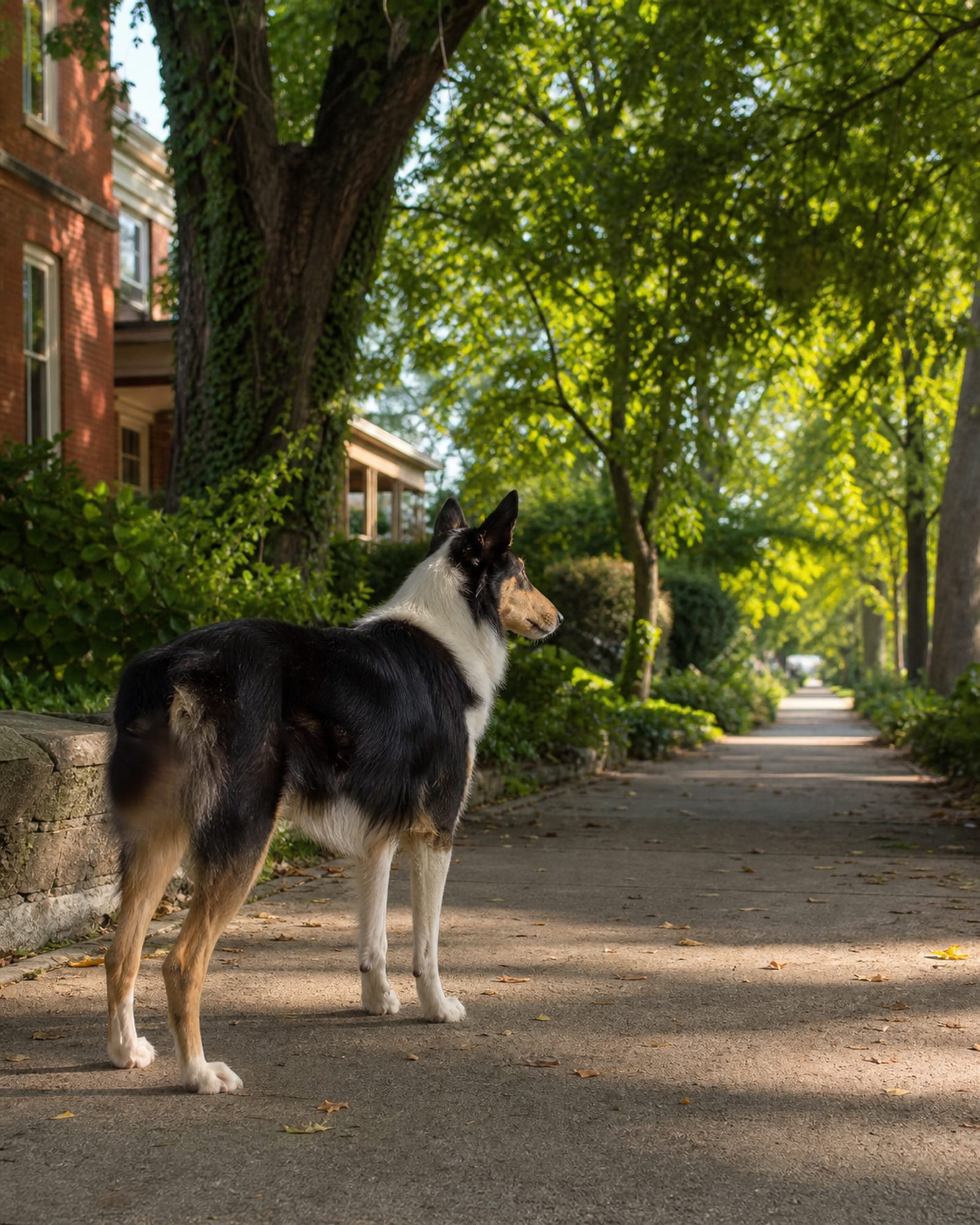 A dog standing alert with its weight even, tail neutral