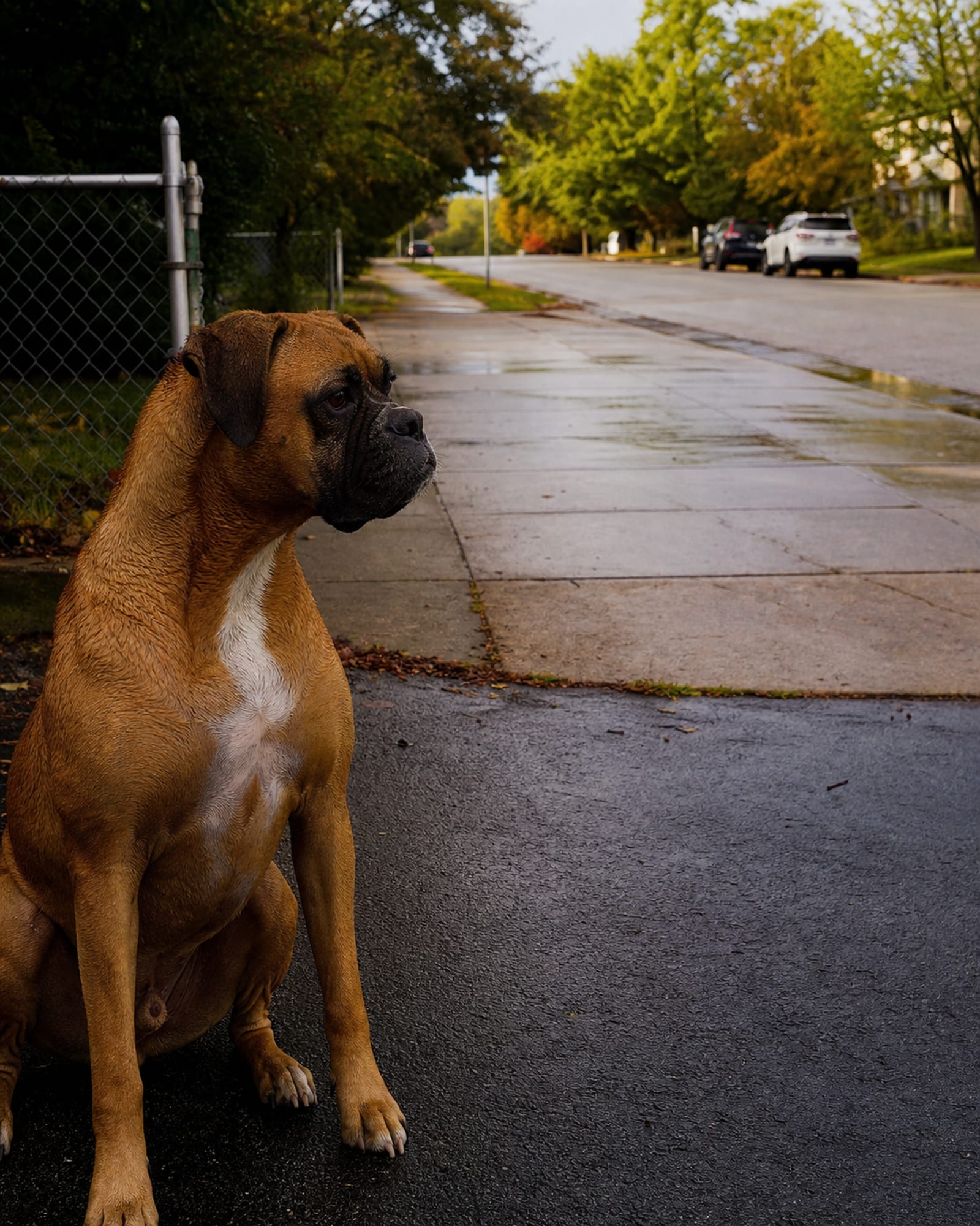 A dog sitting upright and attentive, shoulders square to camera