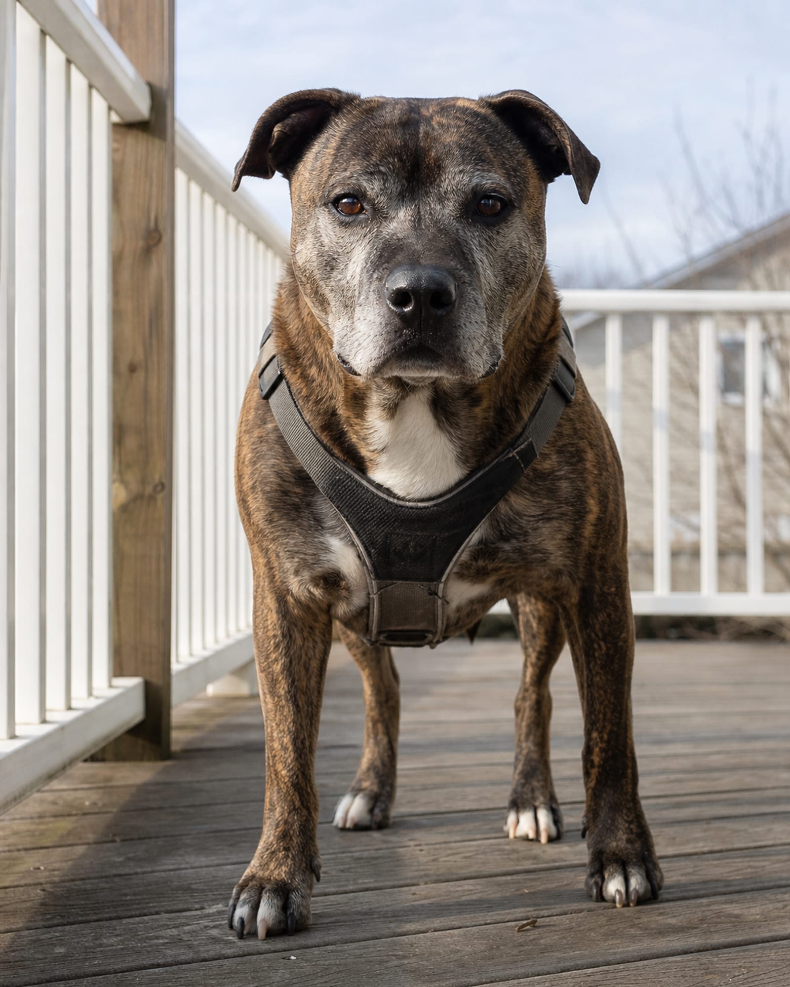 A gray muzzled dog's head and chest, weight settled, in Elkridge, MD