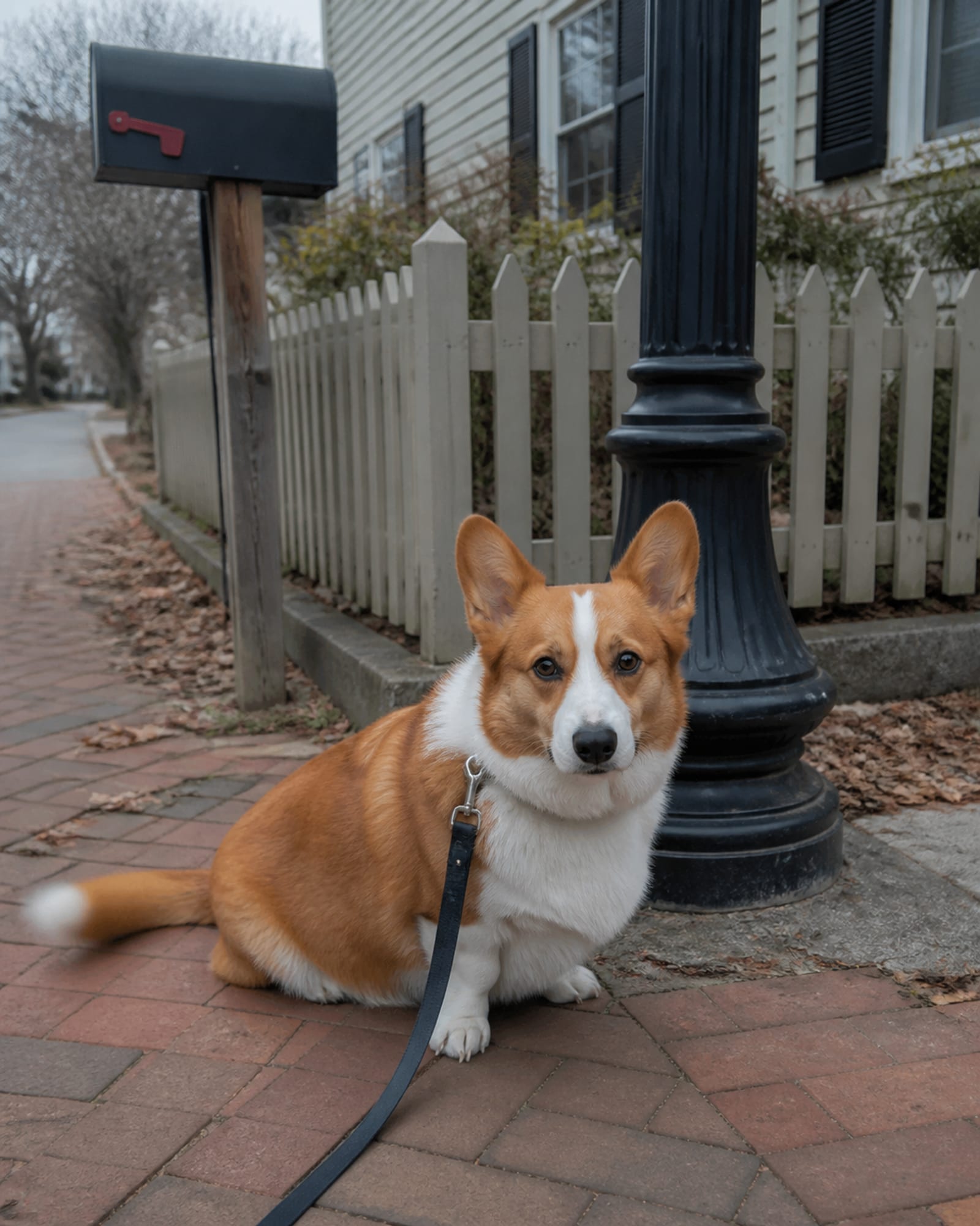 A dog sitting square beside a lamp post, in Ellicott City, MD