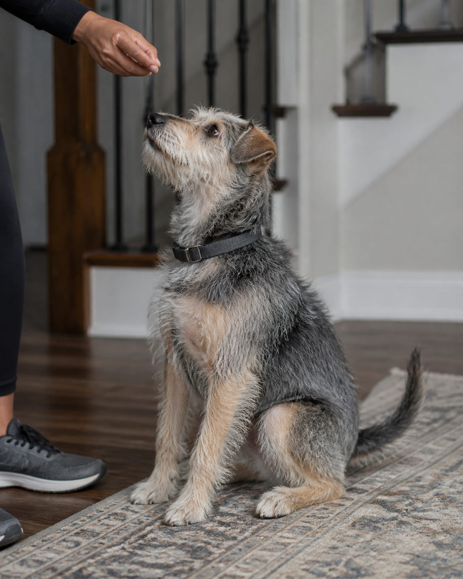 A dog holding a sit while a hand offers a treat at nose height, cropped at the wrist, in Essex, MD