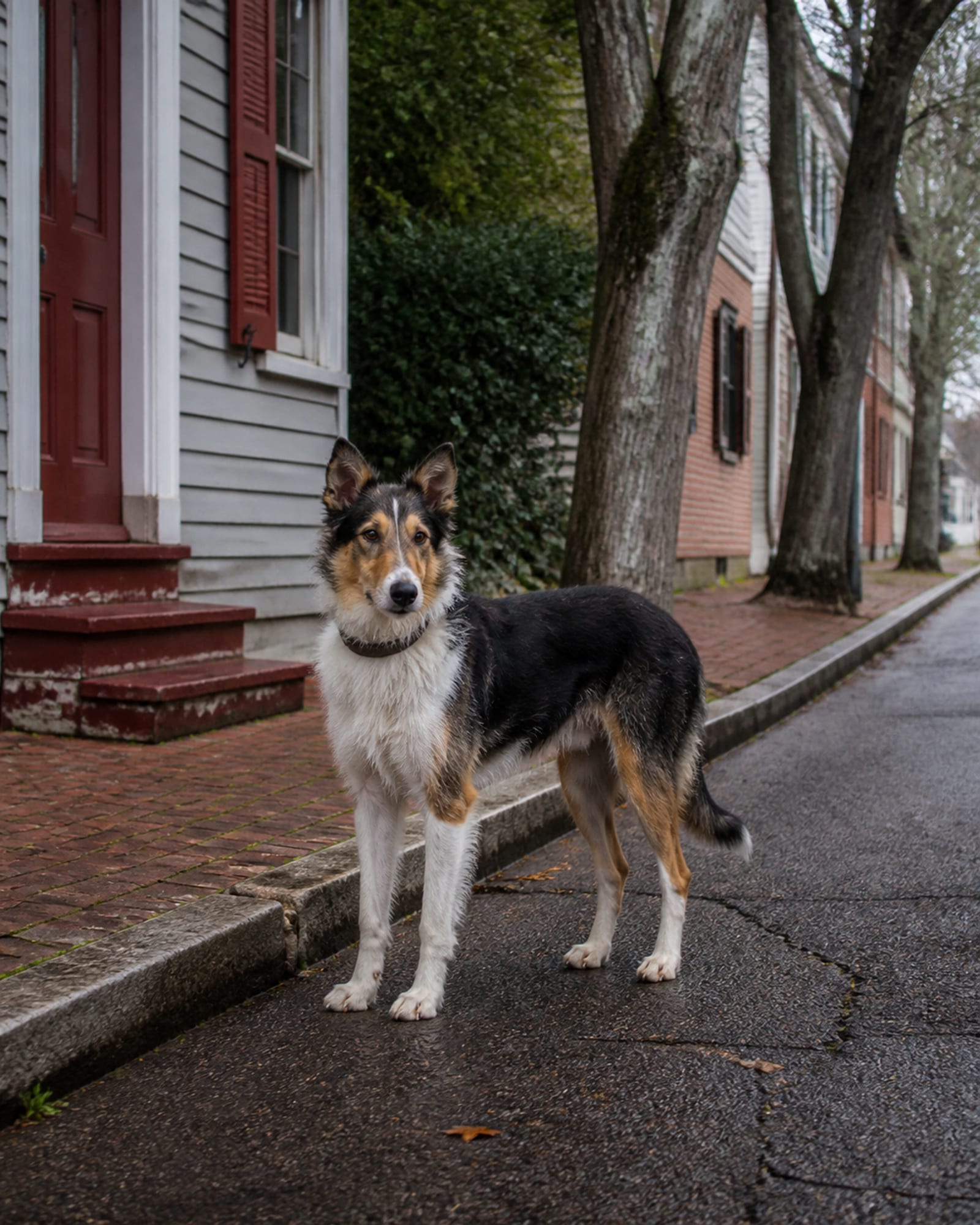 A dog standing alert with its weight even, tail neutral, in Essex, MD