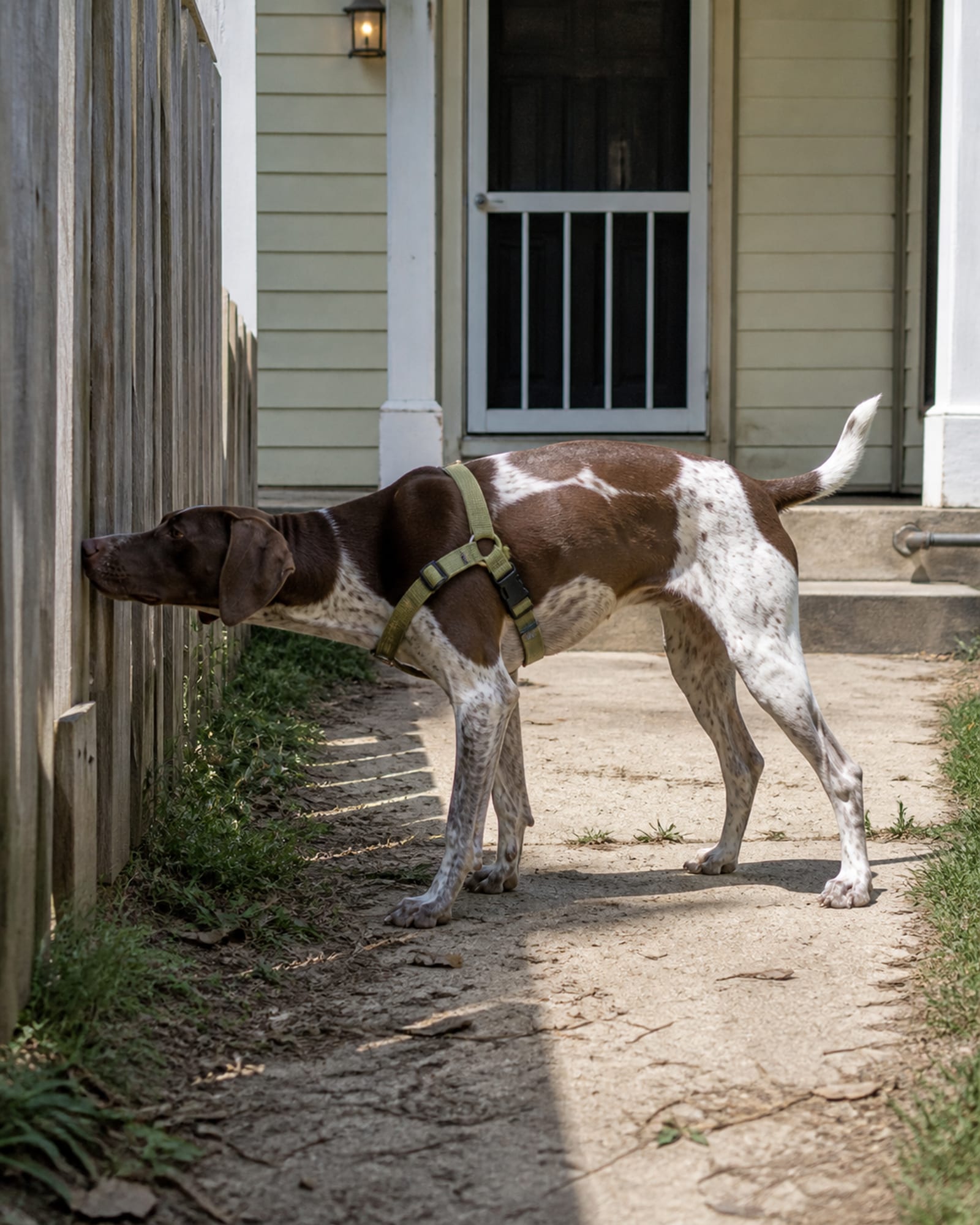 A dog standing beside a fence line, nose to a gap, in Frederick, MD