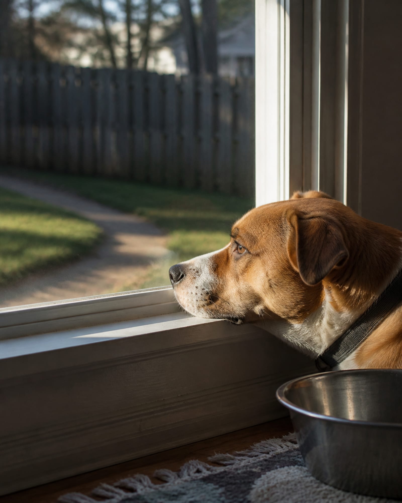 A dog's head resting on a windowsill, light from the side, in Hagerstown, MD