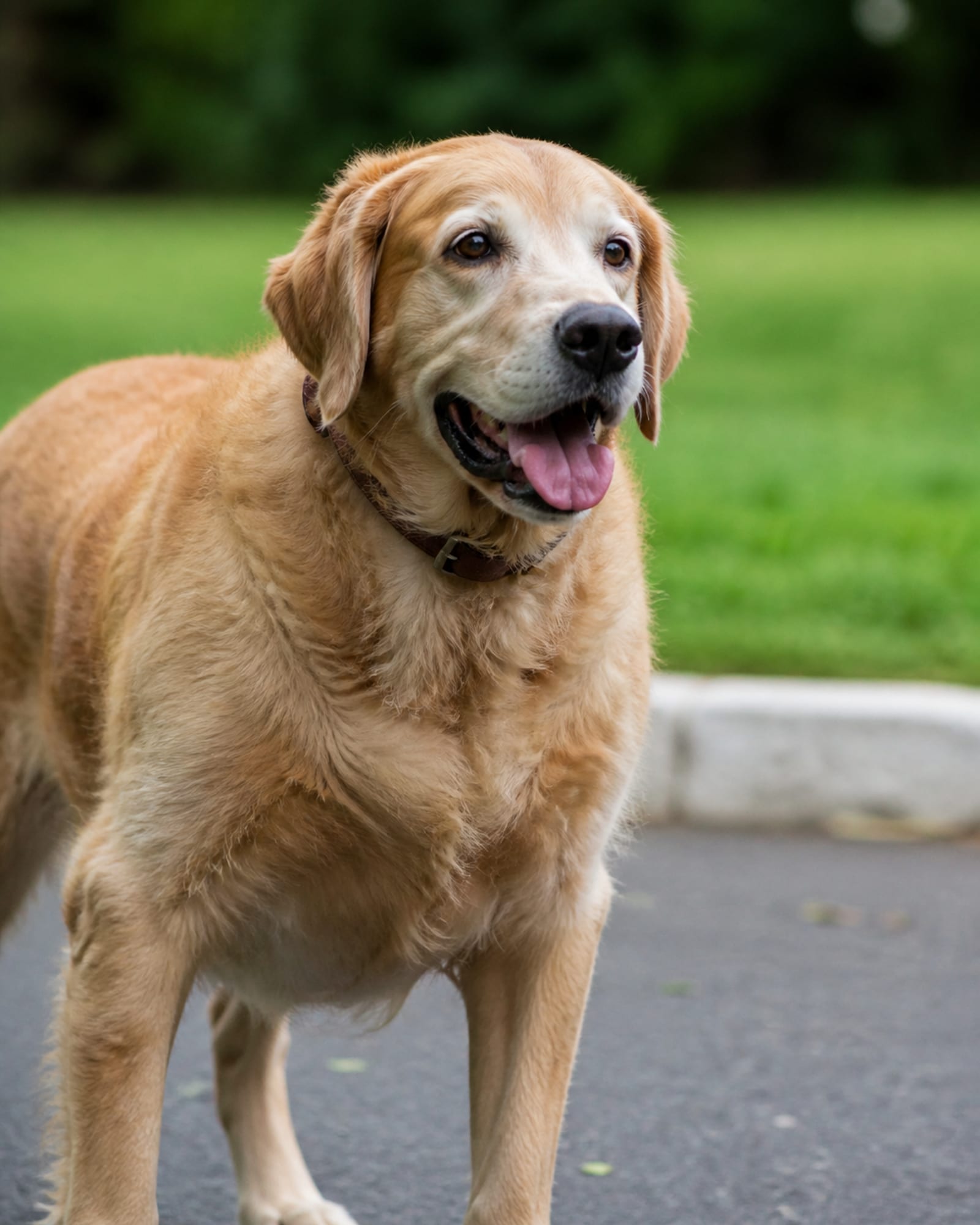 A dog panting lightly after work, mouth open, eyes bright, in Linthicum, MD