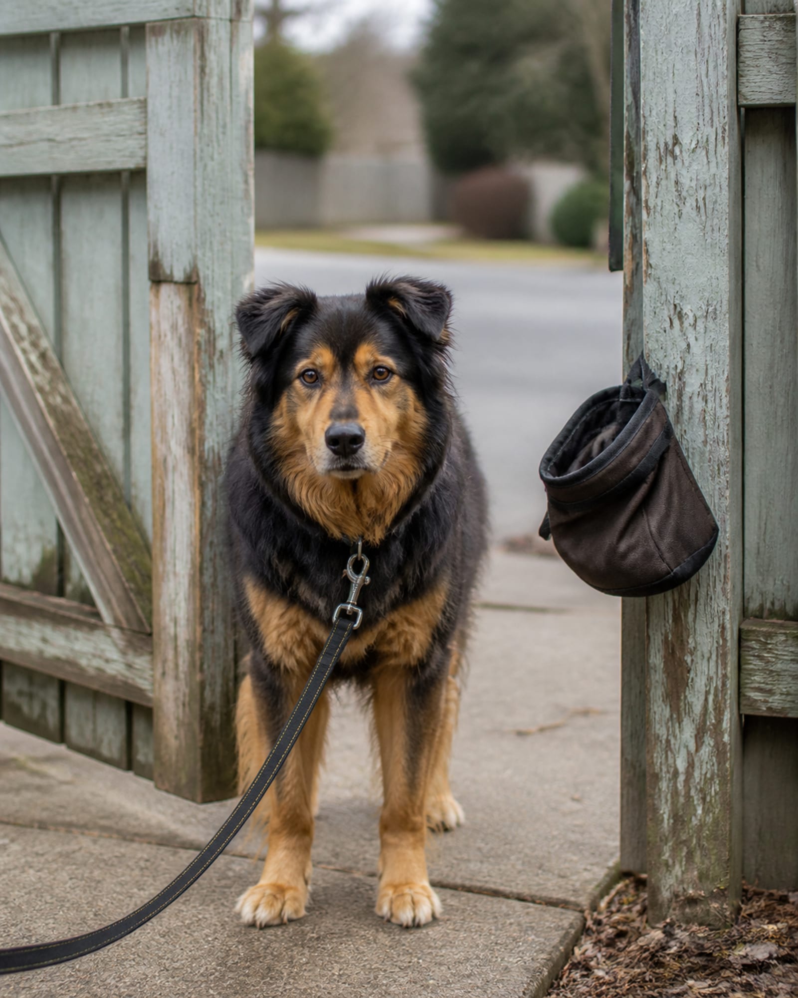 A dog standing on a sidewalk with the street receding behind it, in Middle River, MD
