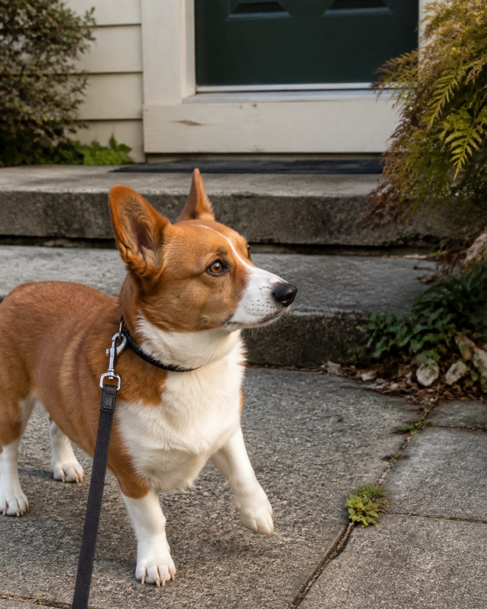 A dog pausing mid stride on a pavement, one paw lifted, in Millersville, MD