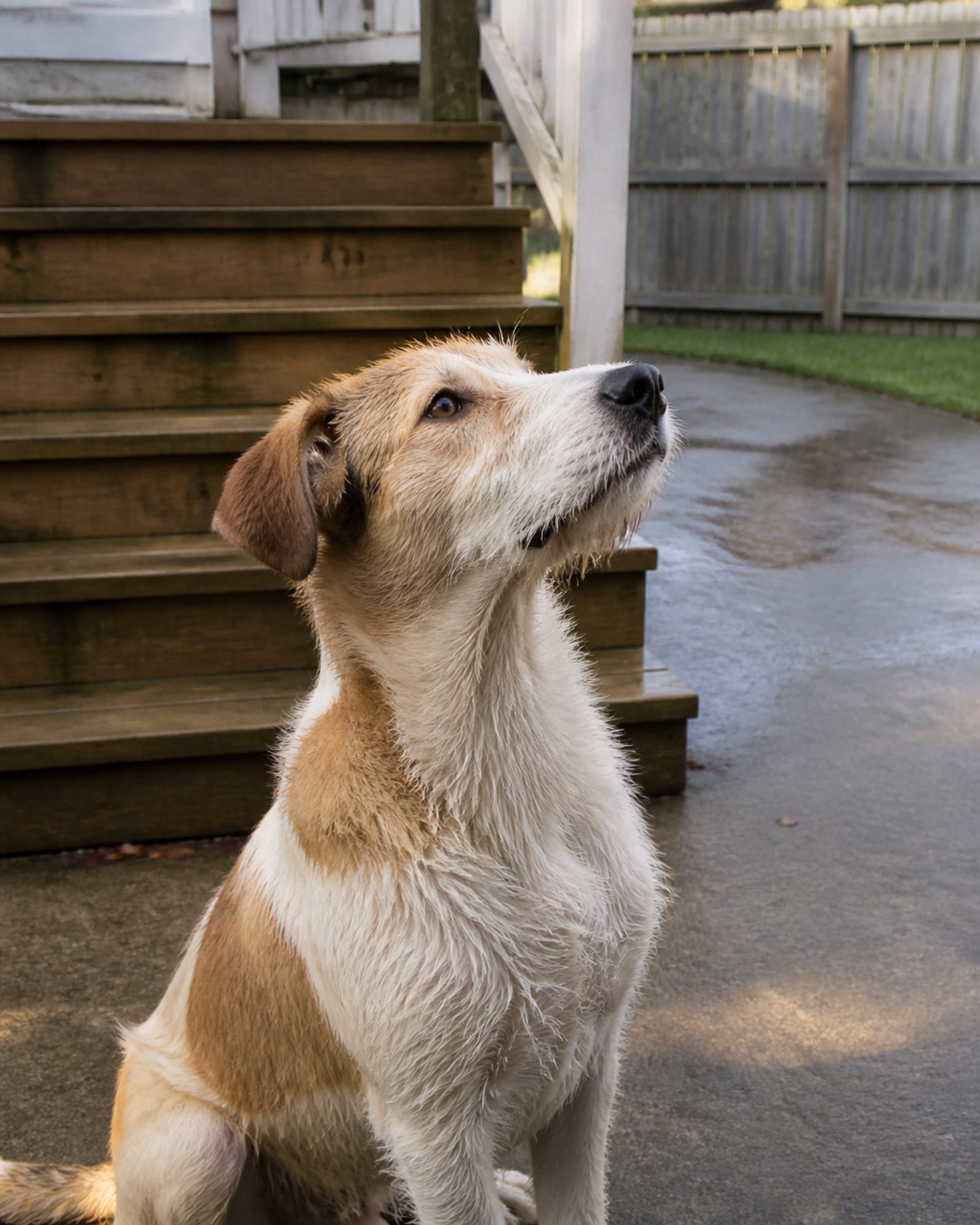 A dog sitting at the foot of steps, looking up out of frame, in Mount Airy, MD