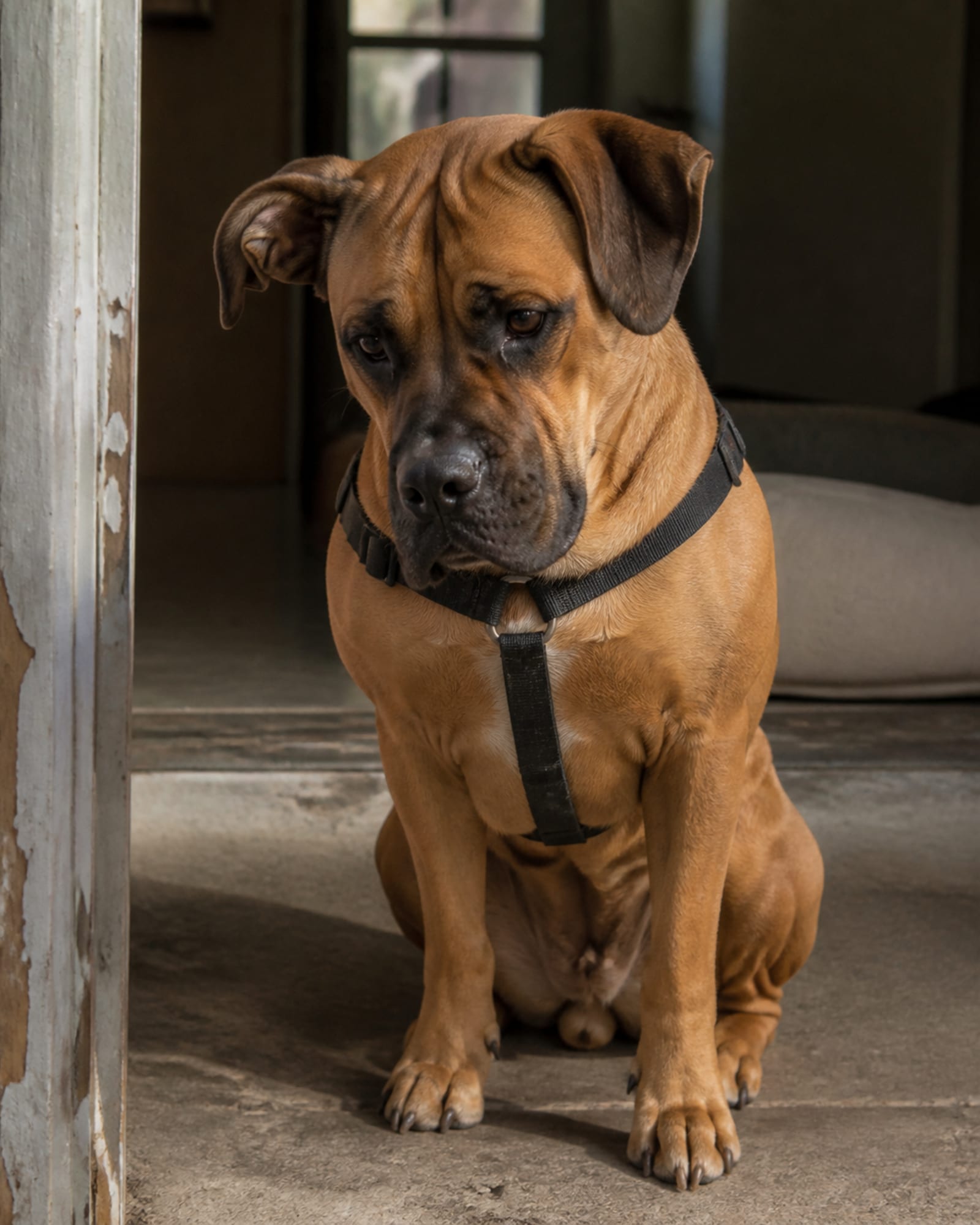 A dog sitting with its head lowered a fraction, watching hands out of frame, in Odenton, MD