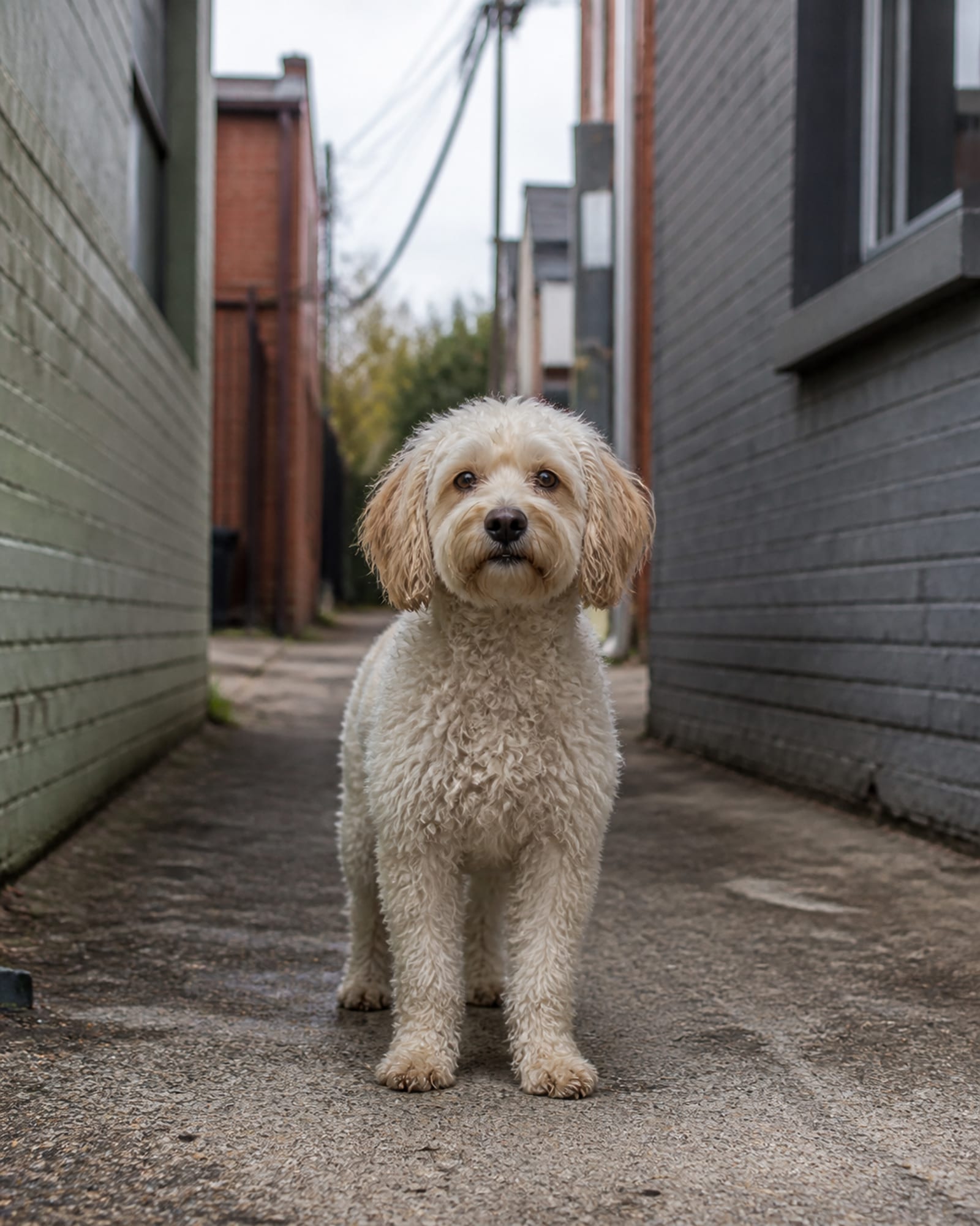 A dog standing square and settled, seen full body from the front, head up, in Parkville, MD