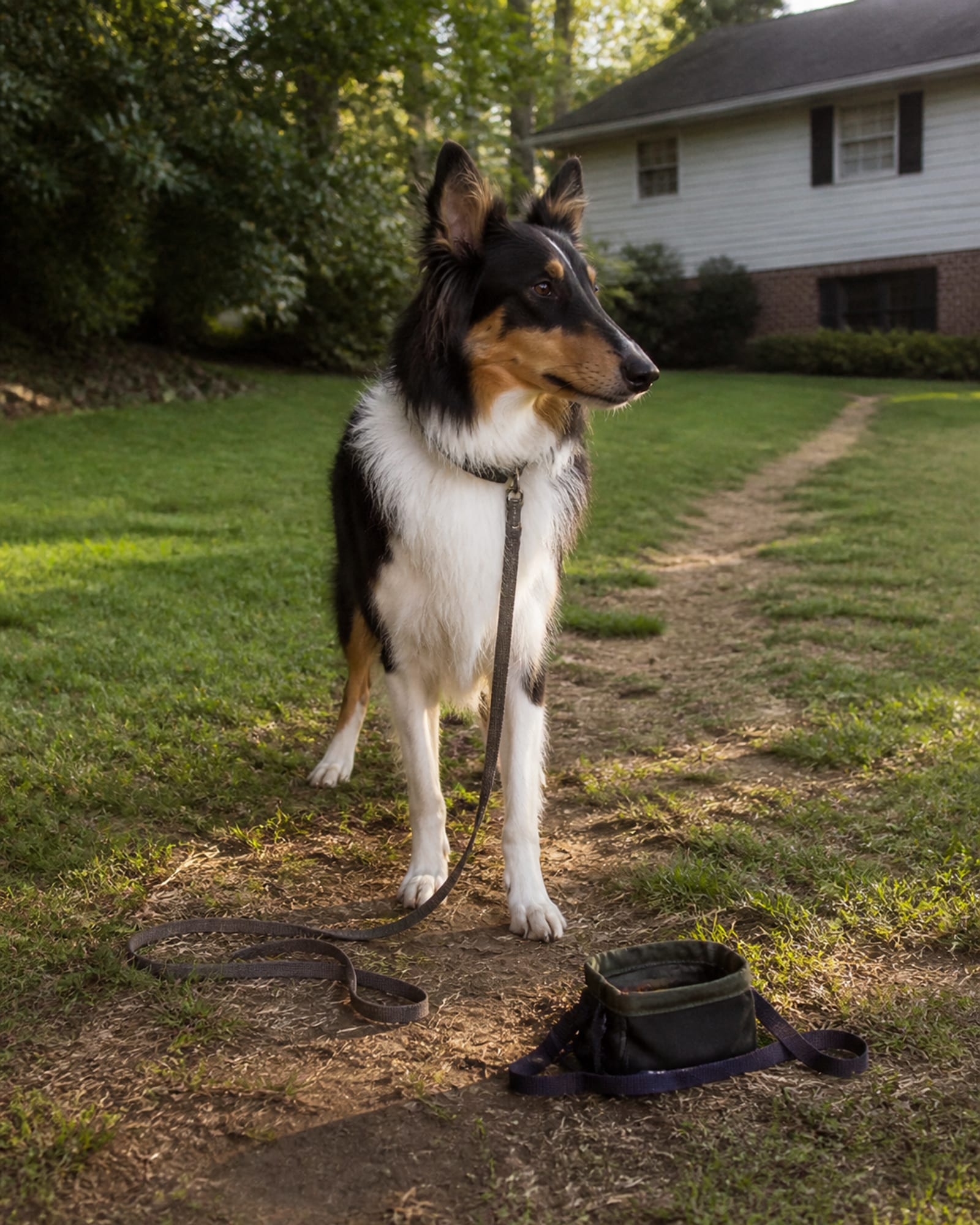 A dog in a stand stay with its lead slack on the ground beside it, in Pikesville, MD