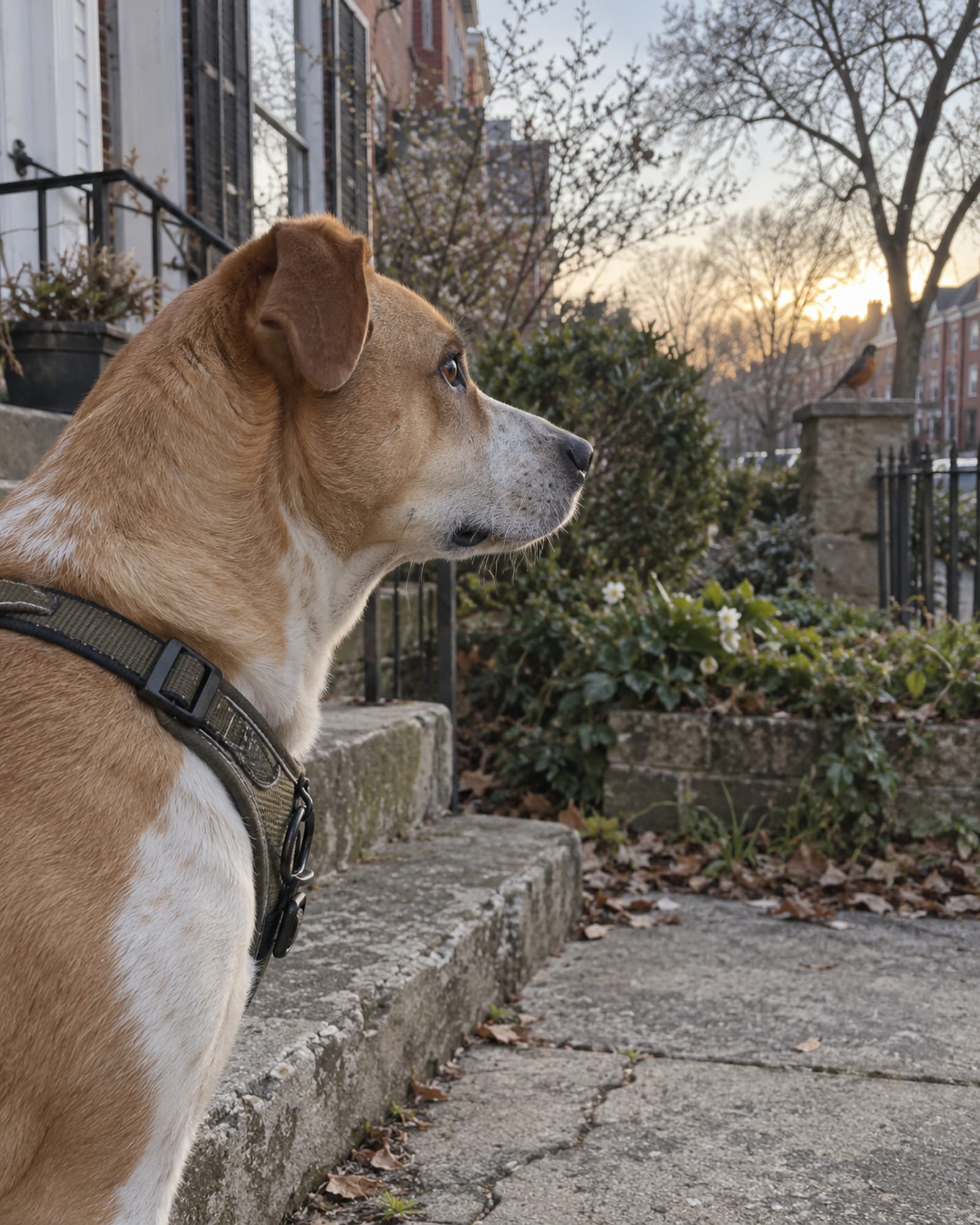 A close vertical of a dog's head and shoulders, attentive