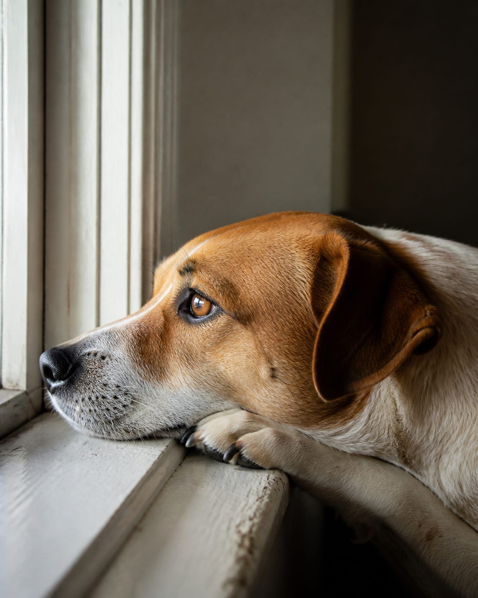 A dog's head resting on a windowsill, light from the side, in Rockville, MD