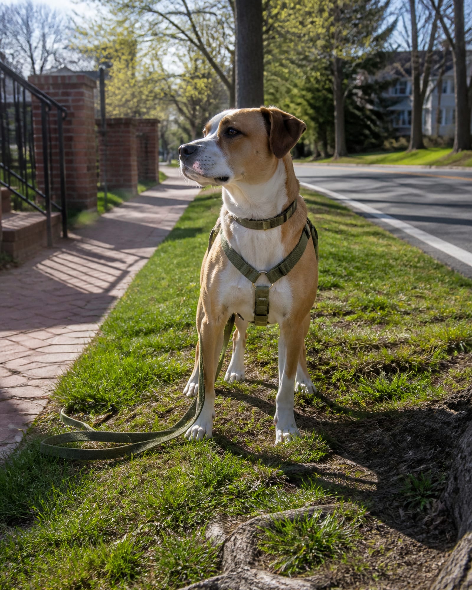 A dog in a stand stay with its lead slack on the ground beside it, in Stevensville, MD