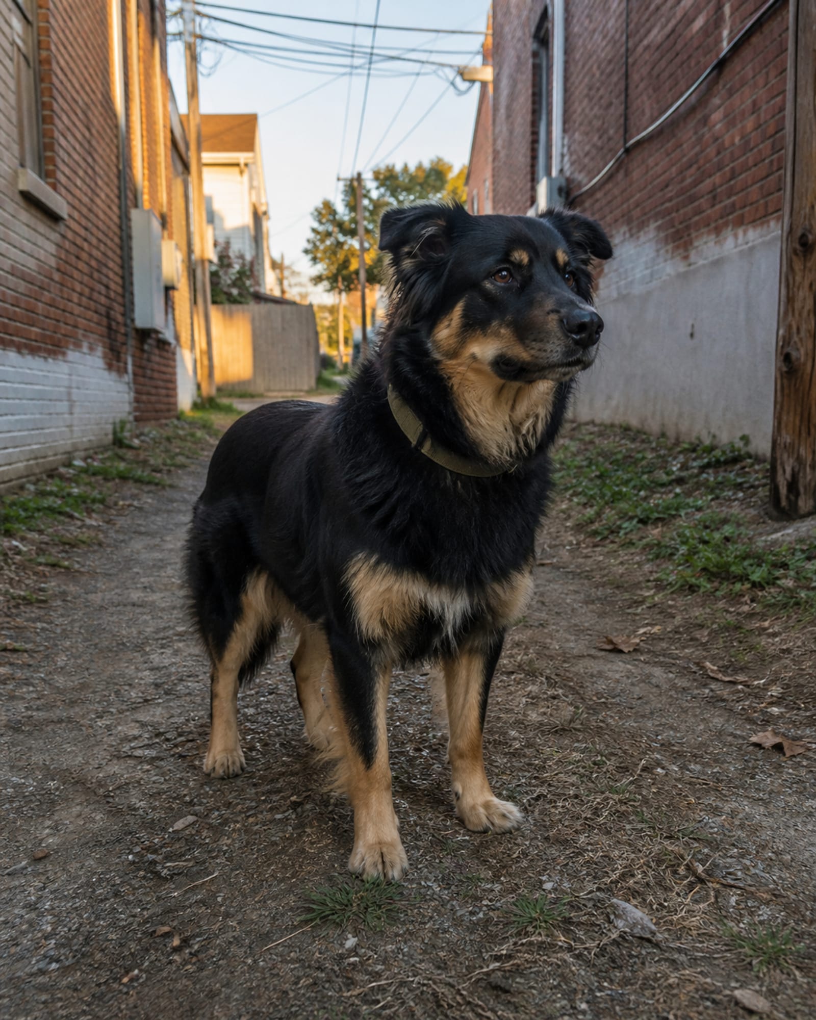 A dog standing alert with its weight even, tail neutral, in Takoma Park, MD