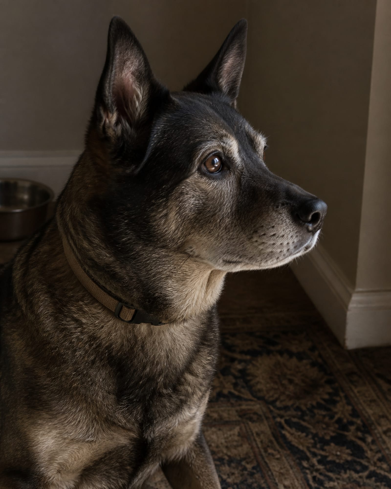 A dog's ears pricked mid alert, head and neck filling the frame, in Towson, MD