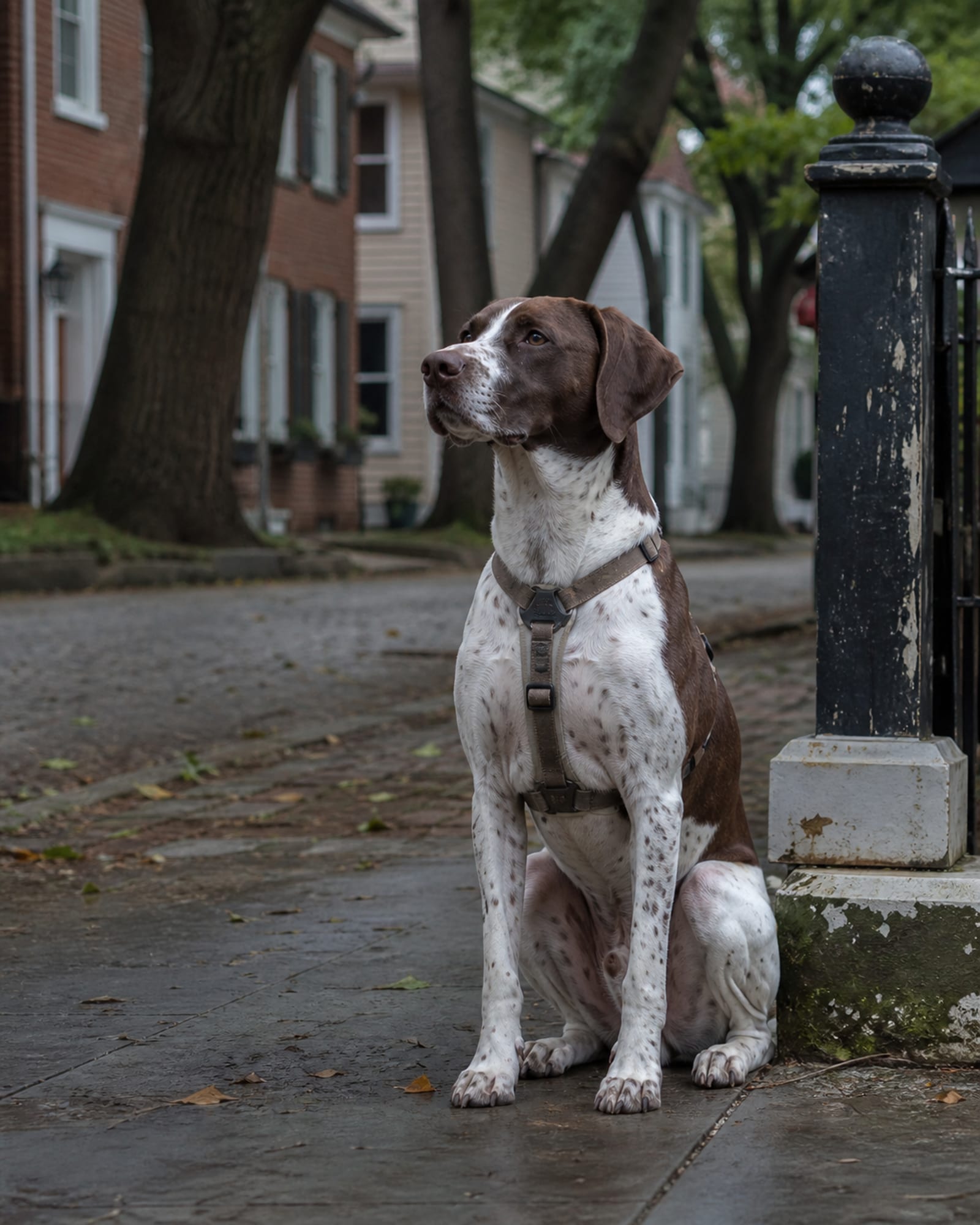 A dog sitting beside a gatepost, upright and calm, in Towson, MD