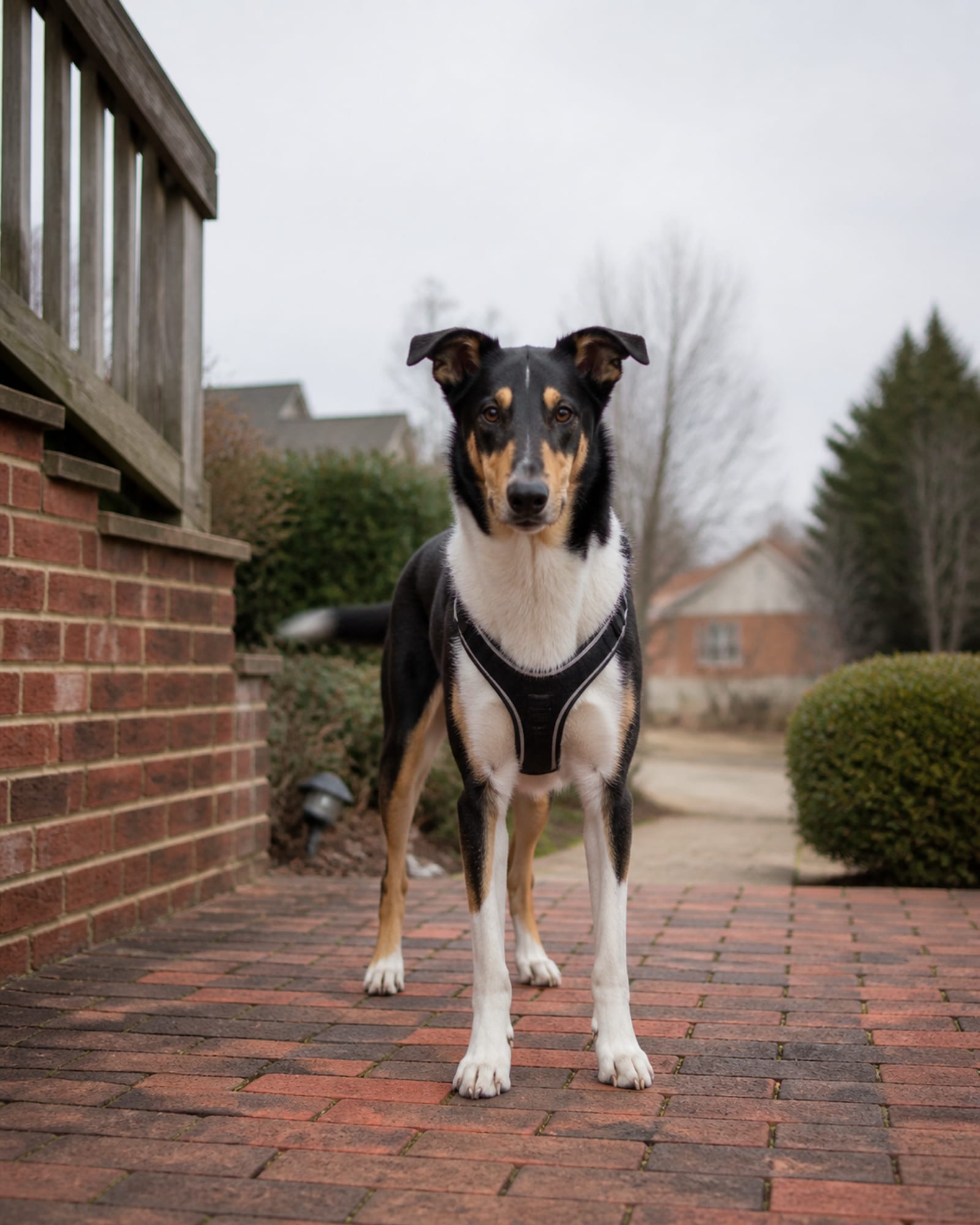 A dog looking straight down the lens, shoulders square and low, in Waldorf, MD