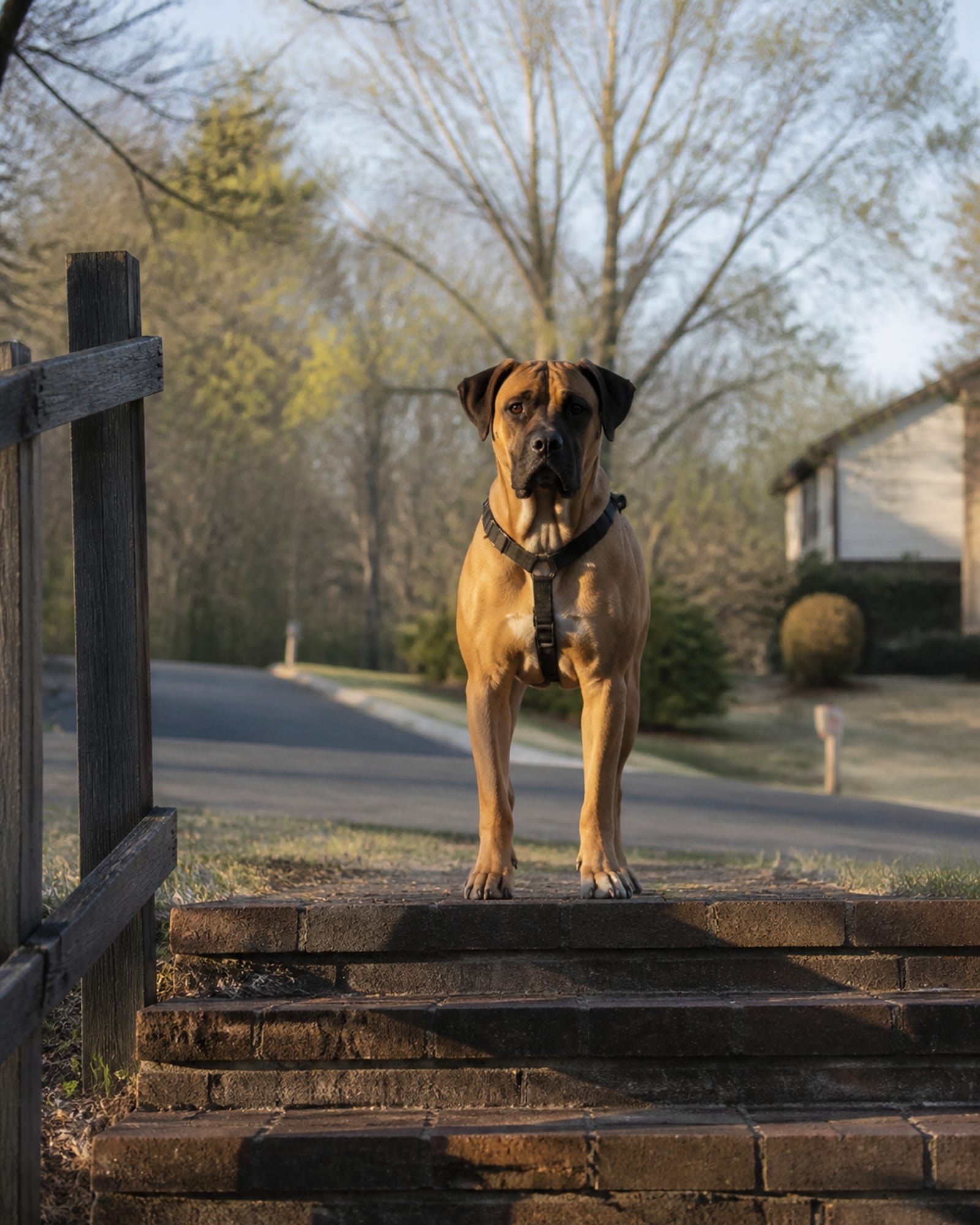 A dog standing at the top of a short flight of steps, in Waldorf, MD